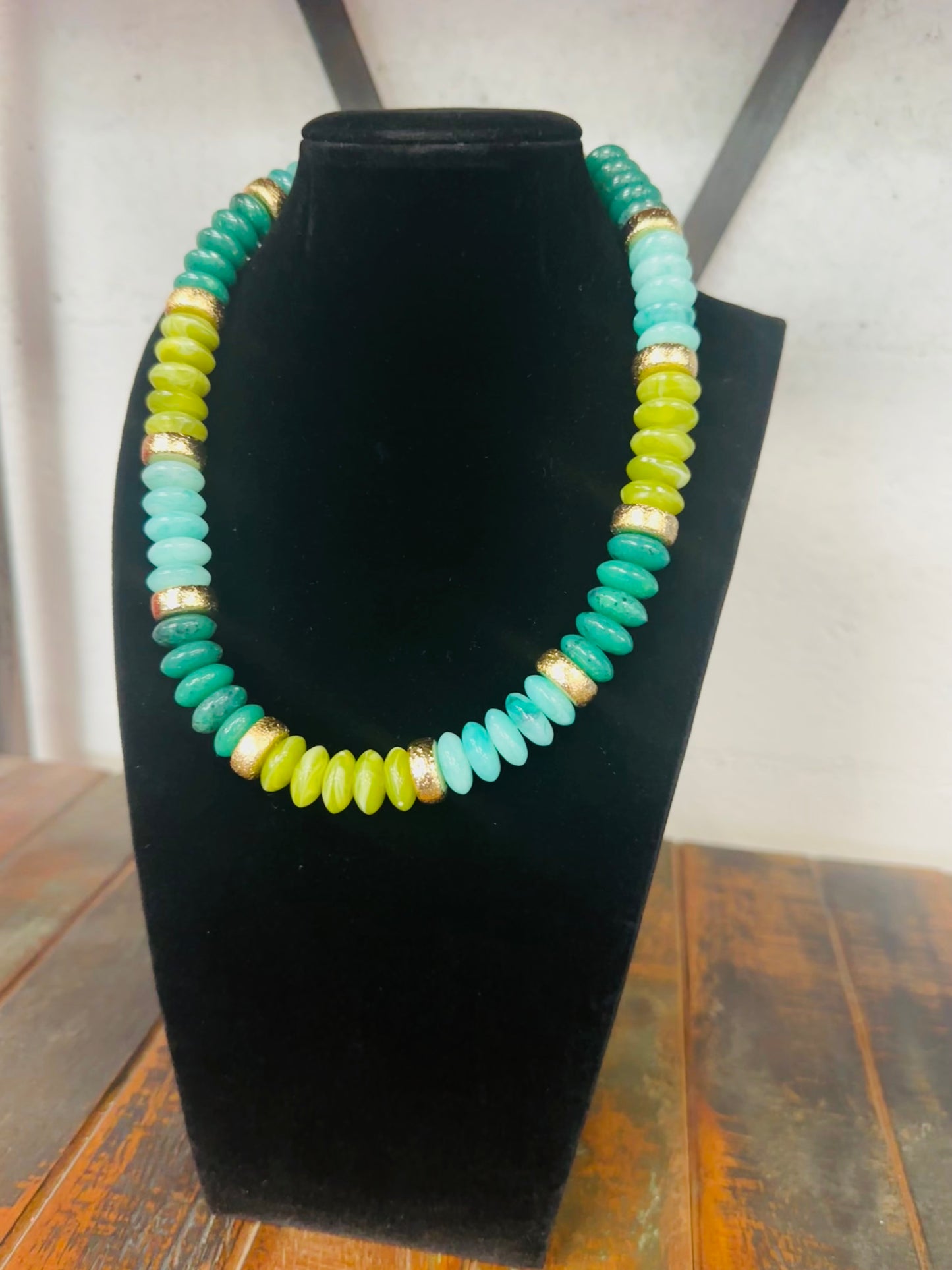 Olive + Gold Wide Bead Necklace