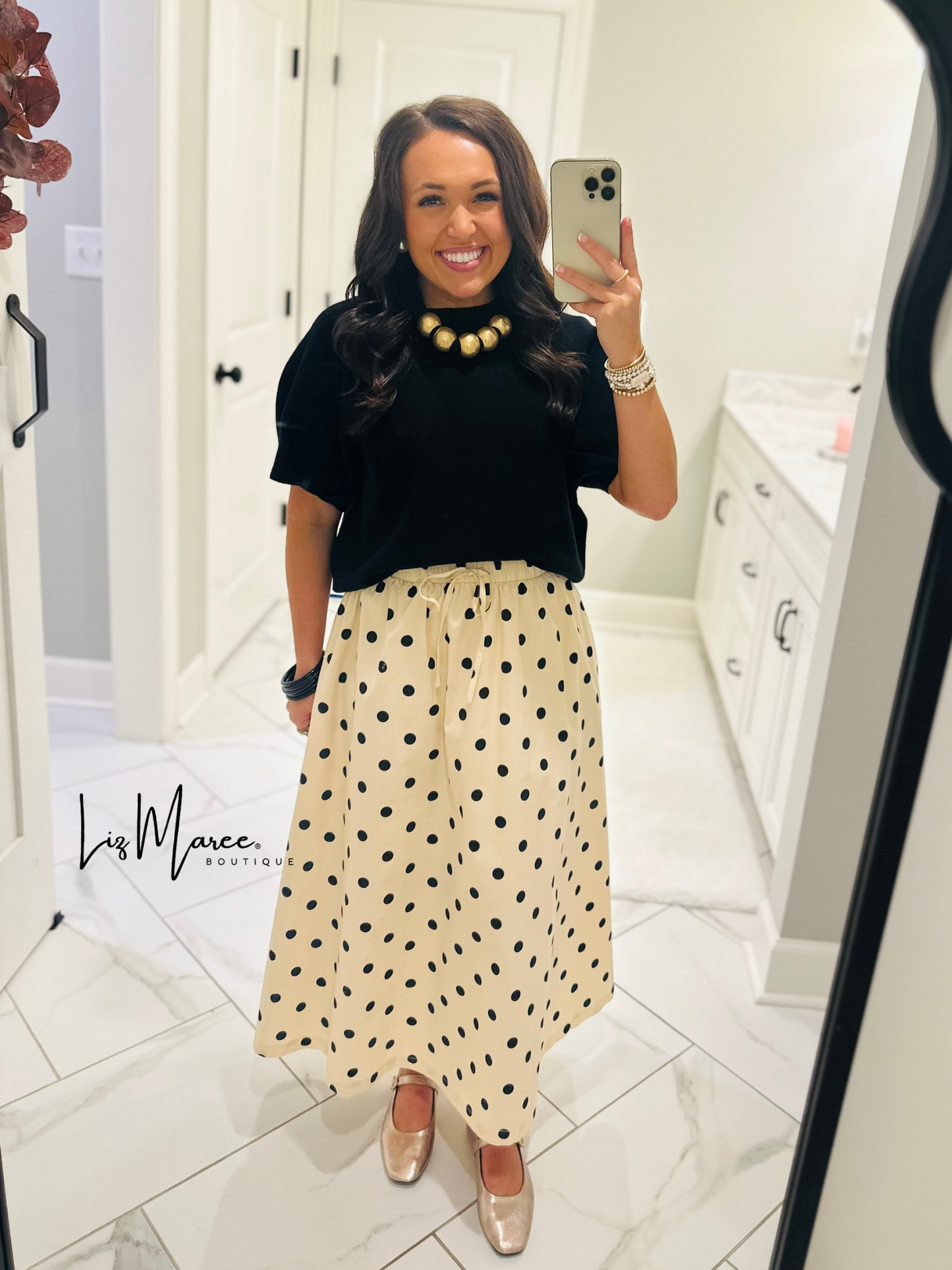 The Olivia Cream + Black Polka Dot Midi Skirt