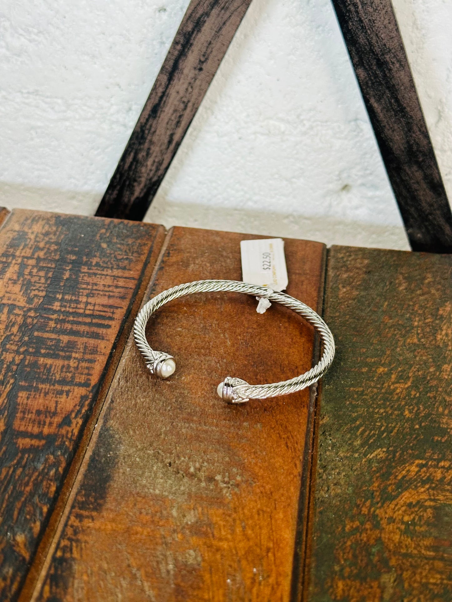 Silver Pearl End Cable Cuff Bracelet