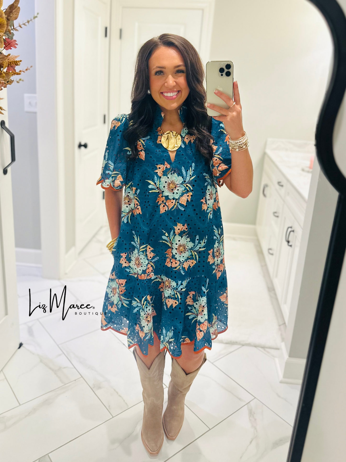 The Brinley Teal Green Floral Eyelet Scallop Dress