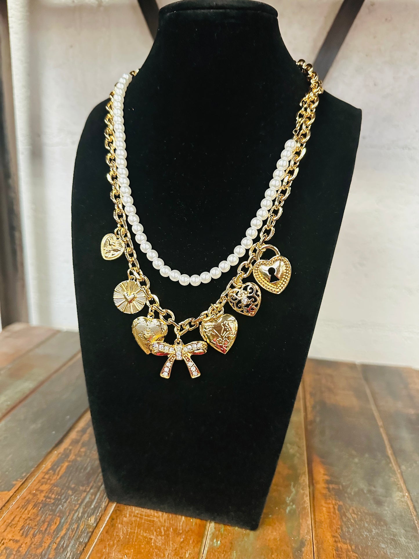 Pearl & Bow Gold Charm Necklace