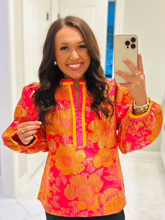 The Shae Neon Pink Floral Jacquard Top