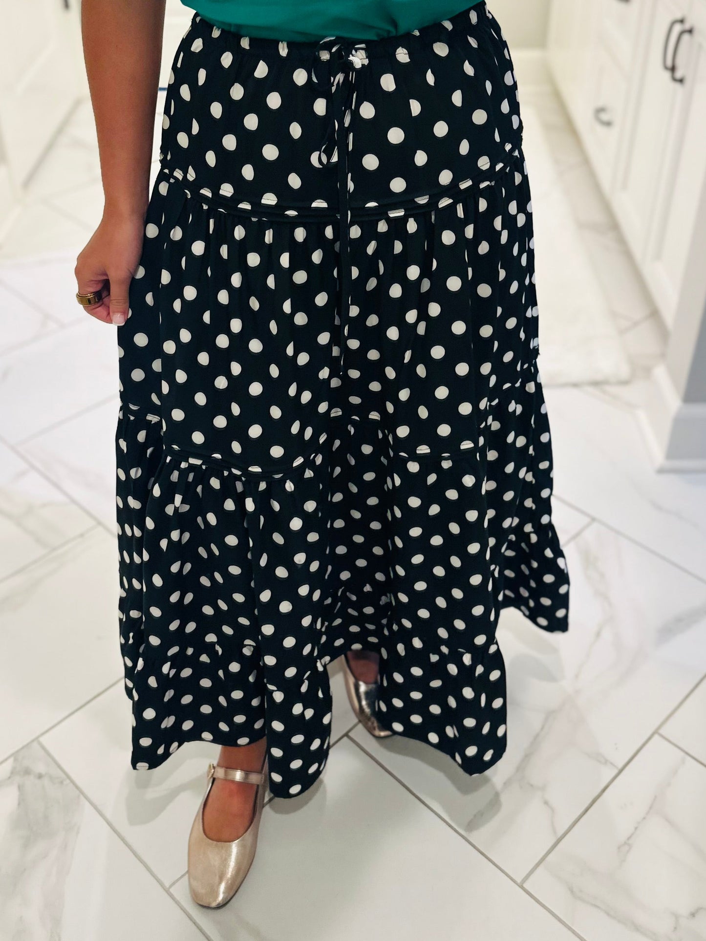 The Ryley Black Polka Dot Tiered Maxi Skirt