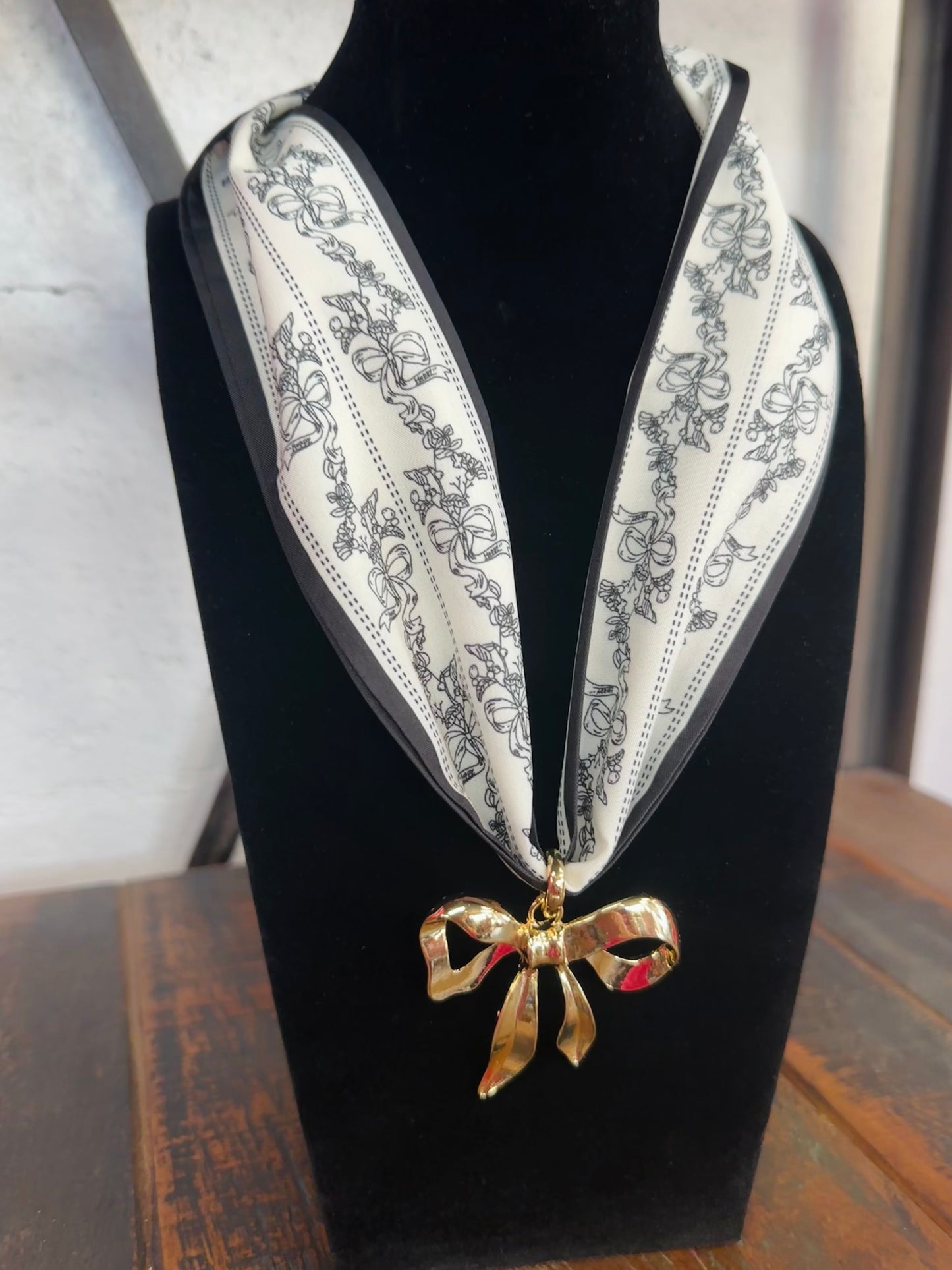Black Bow Floral Silk Scarf + Gold Bow Pendant
