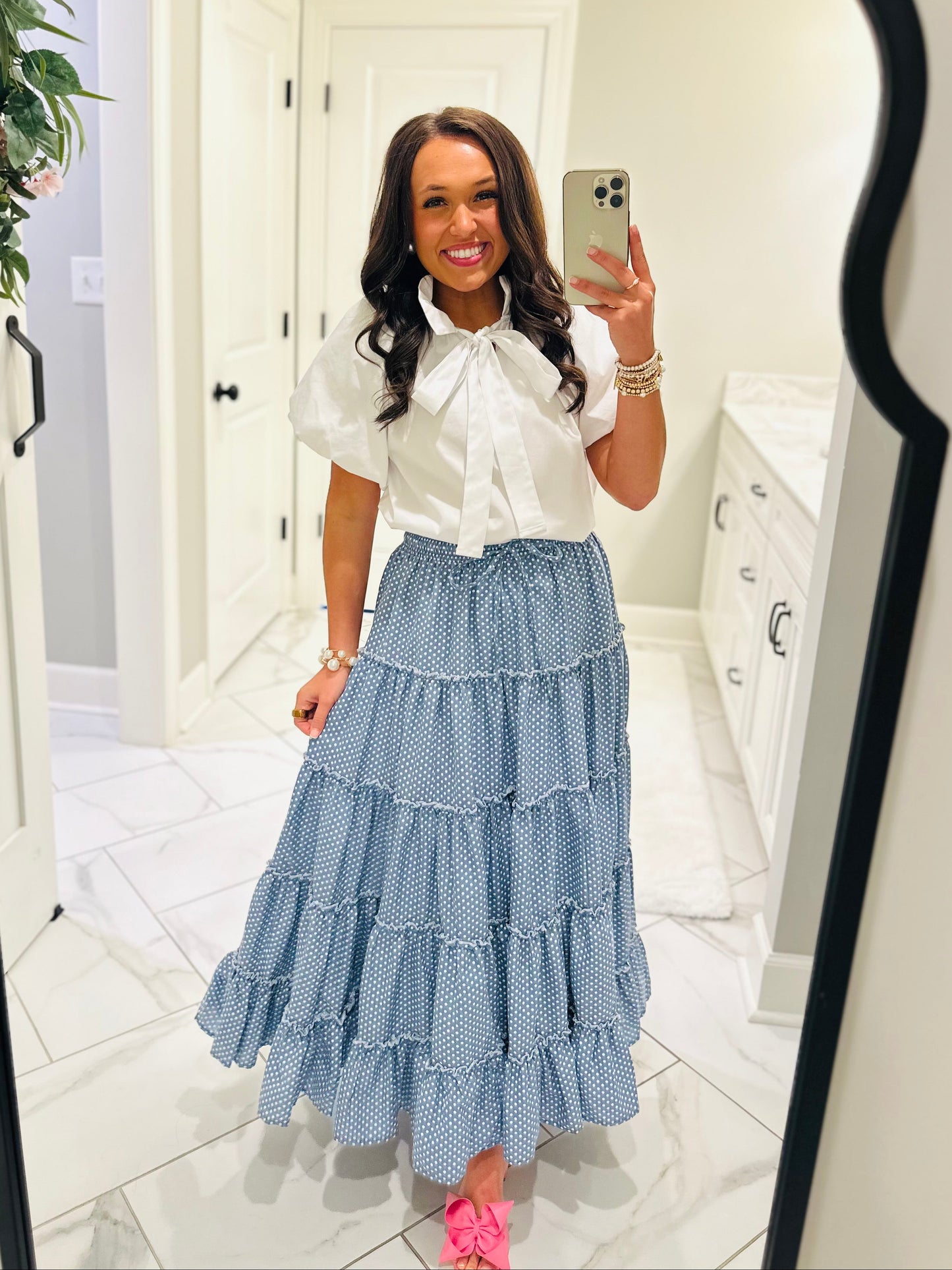 The Shelby Denim Polka Dot Maxi Skirt