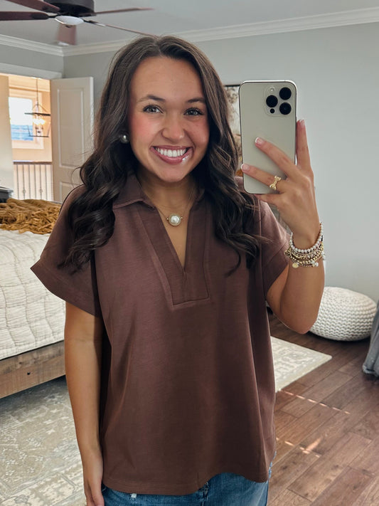 The Tatum Coffee V-Neck Top