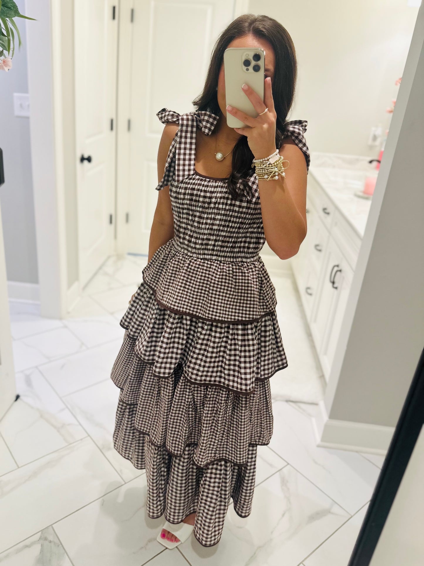 The Kacie Brown Gingham Tiered Ruffle Midi Dress