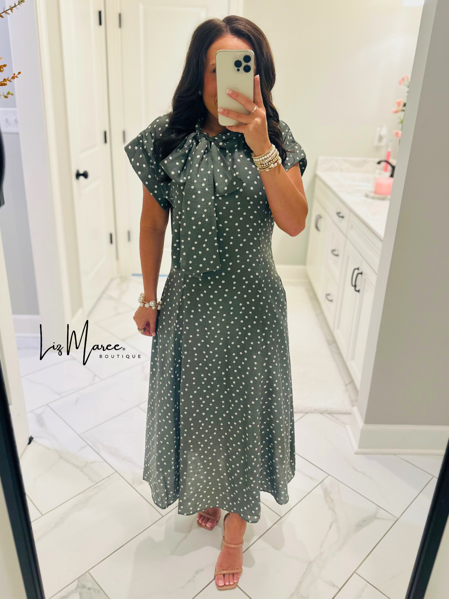 The Margo Olive Polka Dot Midi Dress