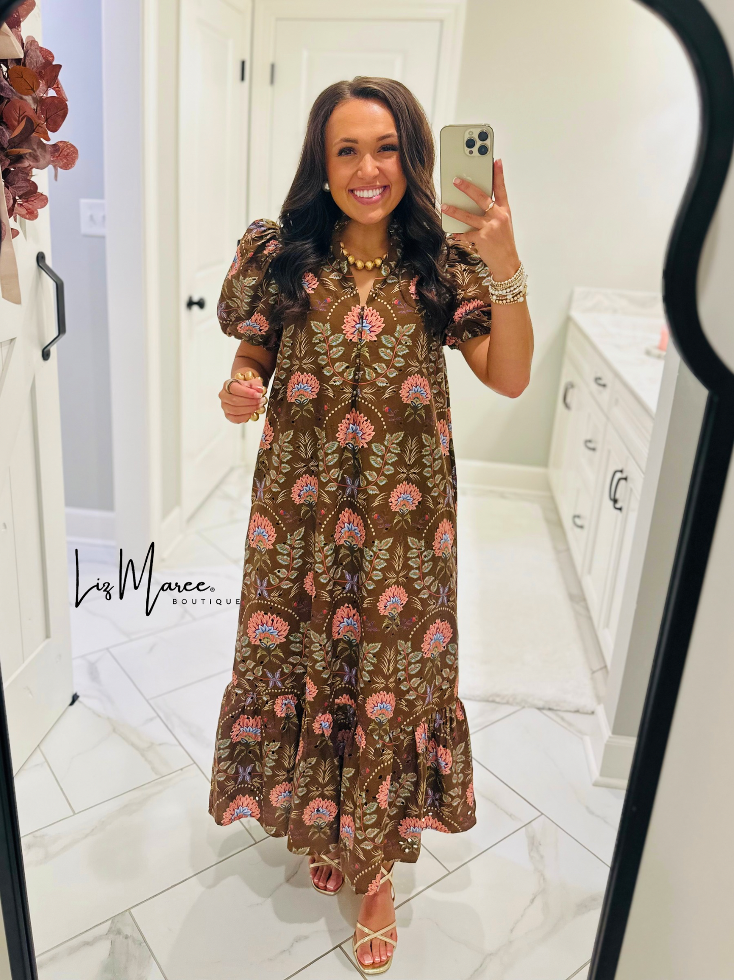 The Katherine Brown Floral Eyelet Midi Dress