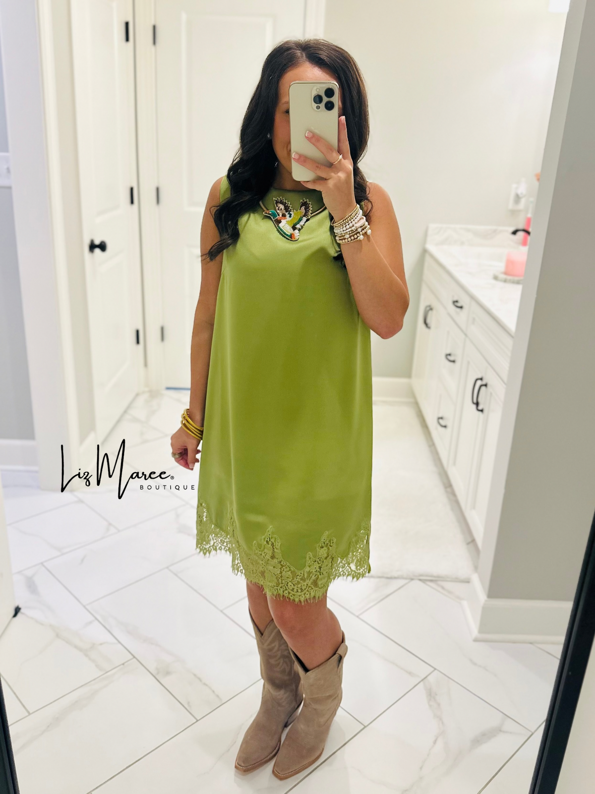 The Lola Olive Green Satin Lace Dress