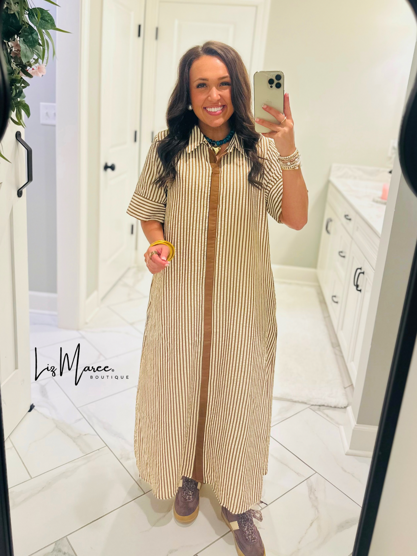 The Nora Caramel Brown Striped Midi Dress