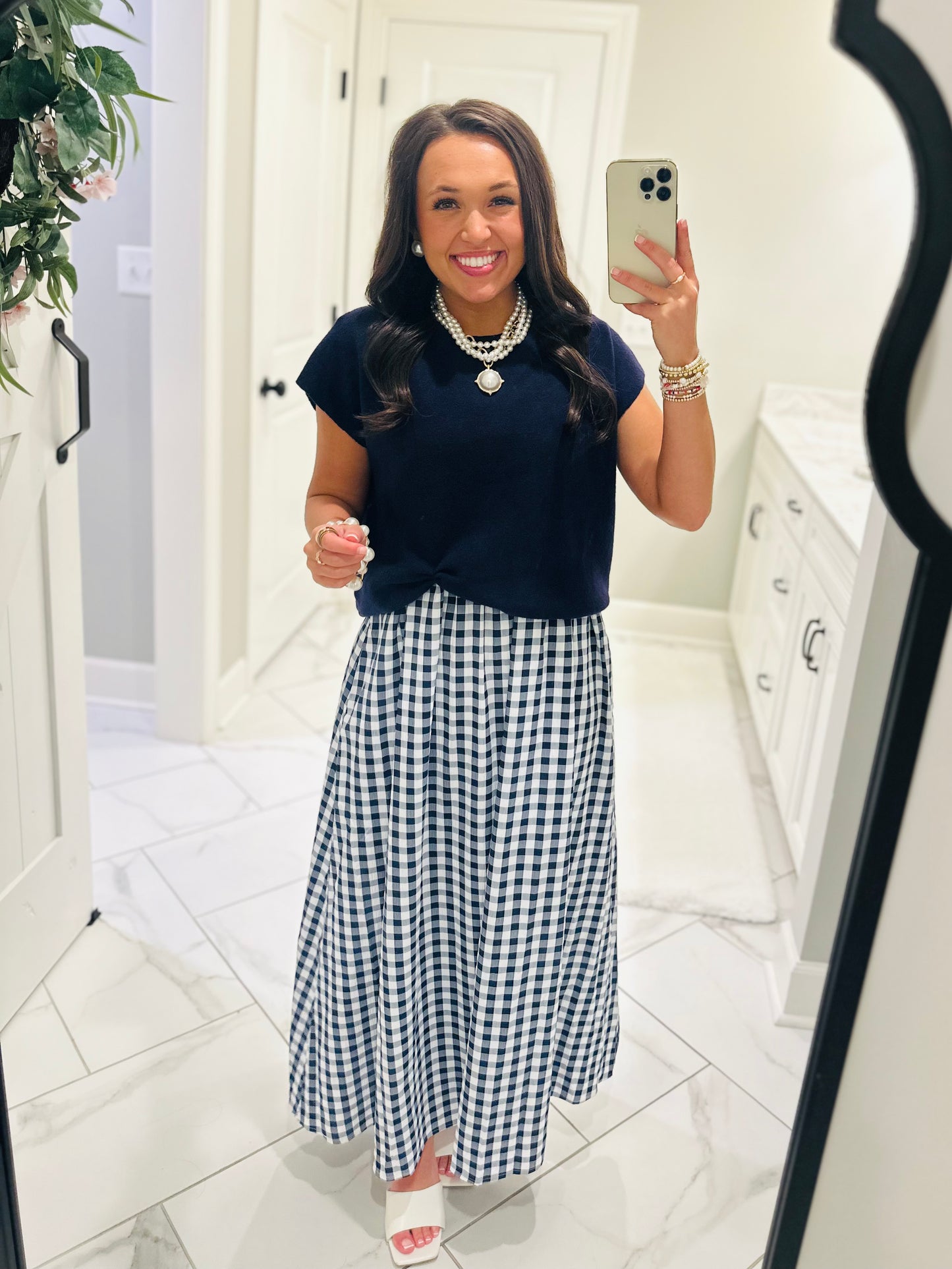 The Chloe Navy Layered Gingham Midi Dress