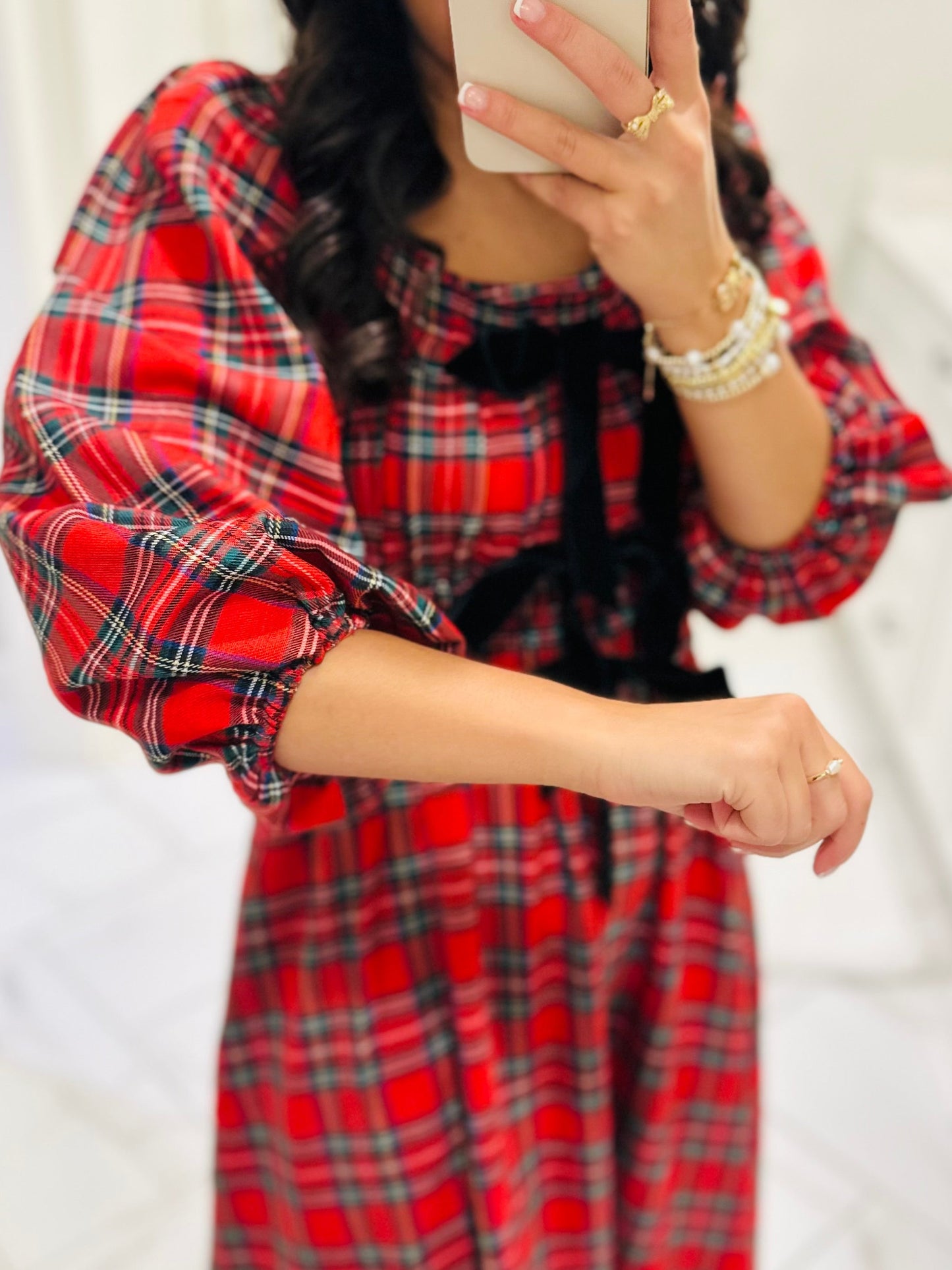 The Eve Red Holiday Plaid Bow Midi Dress