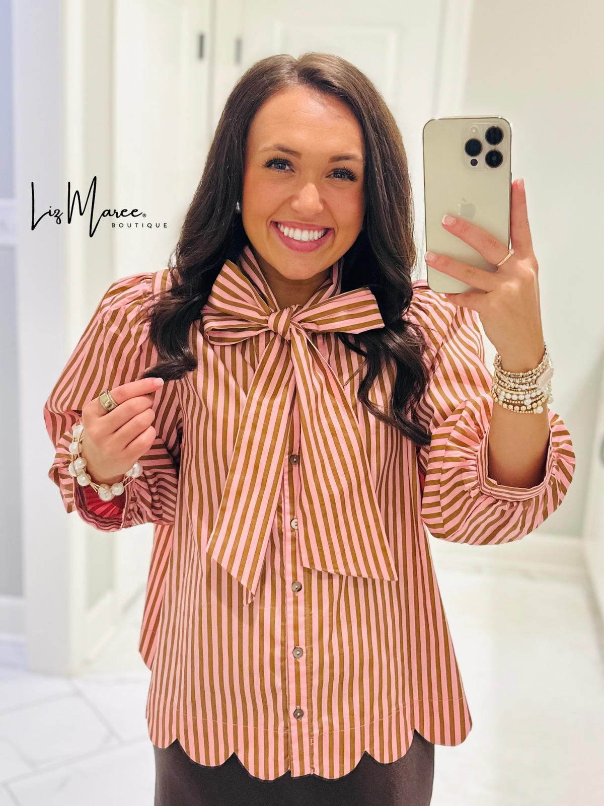 The Shelby Pink + Brown Striped Bow Top