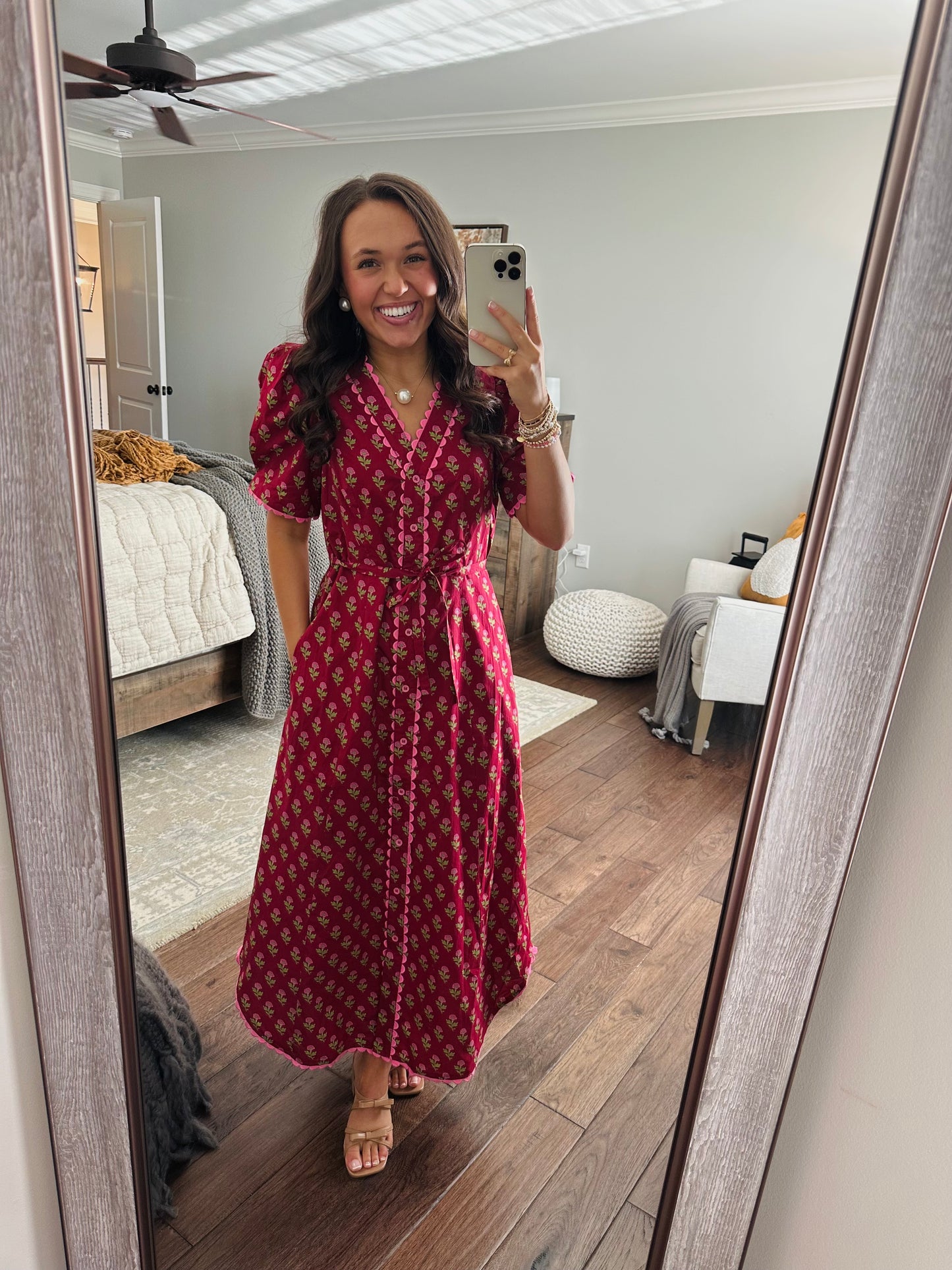The Charlotte Burgundy Floral Scallop Trim Midi Dress