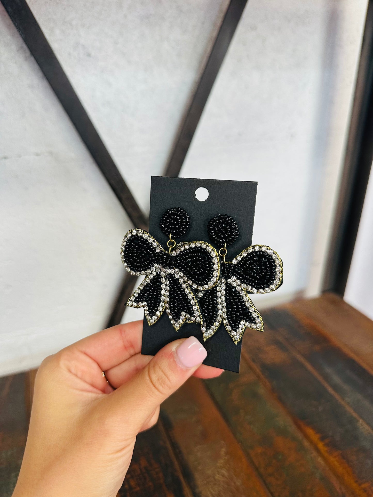 Black Beaded Bow Earring