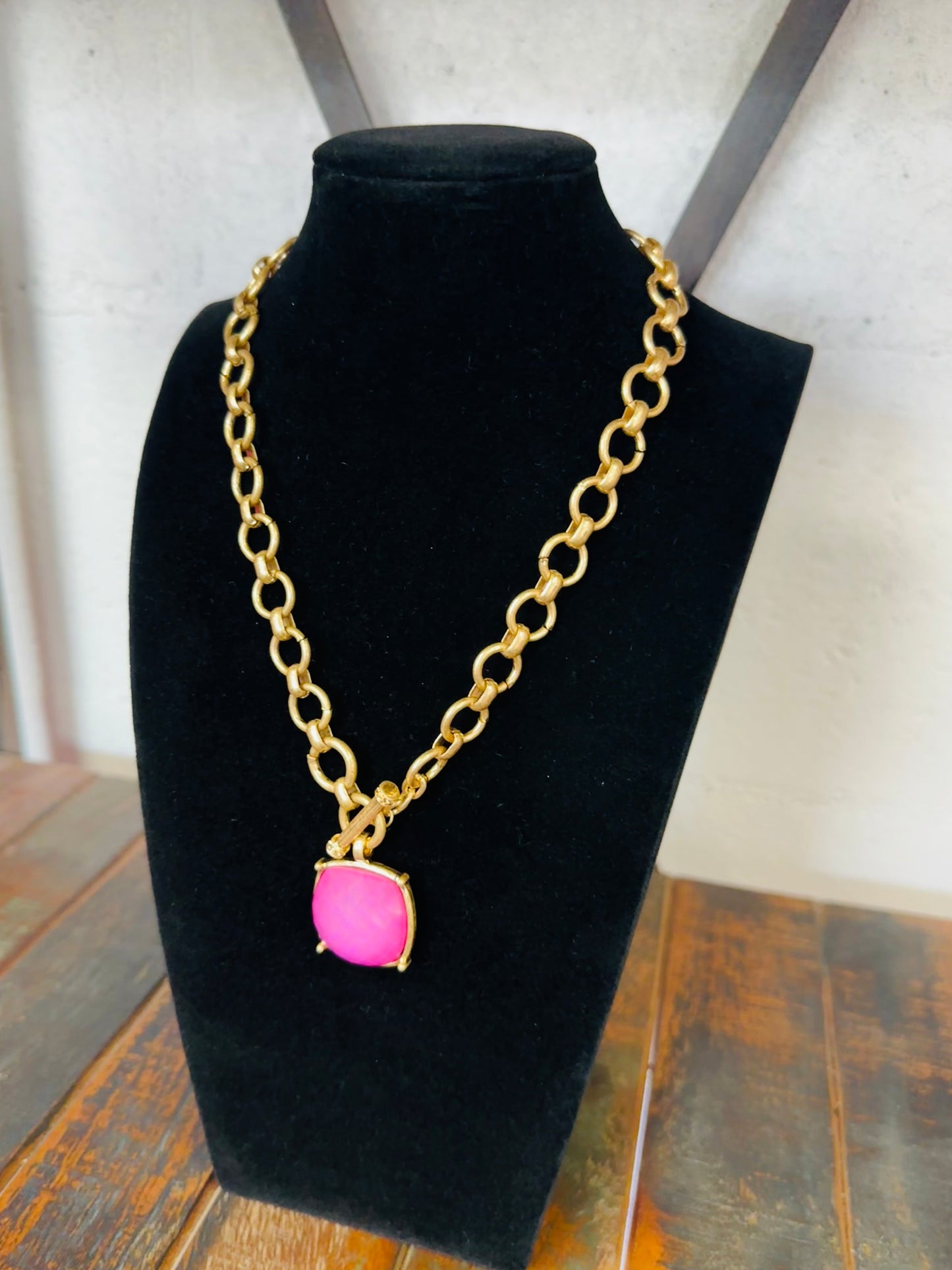 Pink Square Stone Pendant Necklace