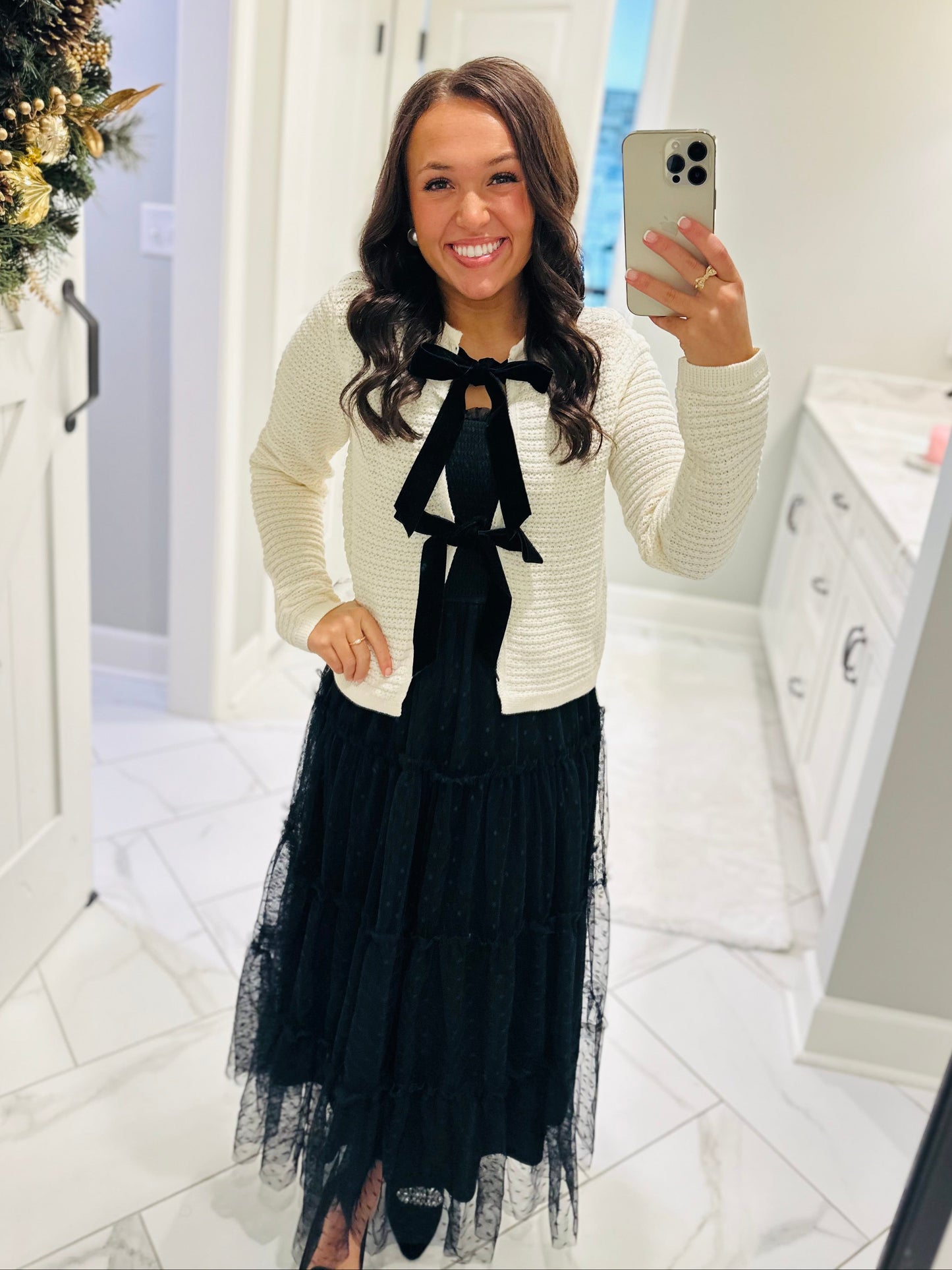 The Sofia Cream + Black Velvet Bow Cardigan