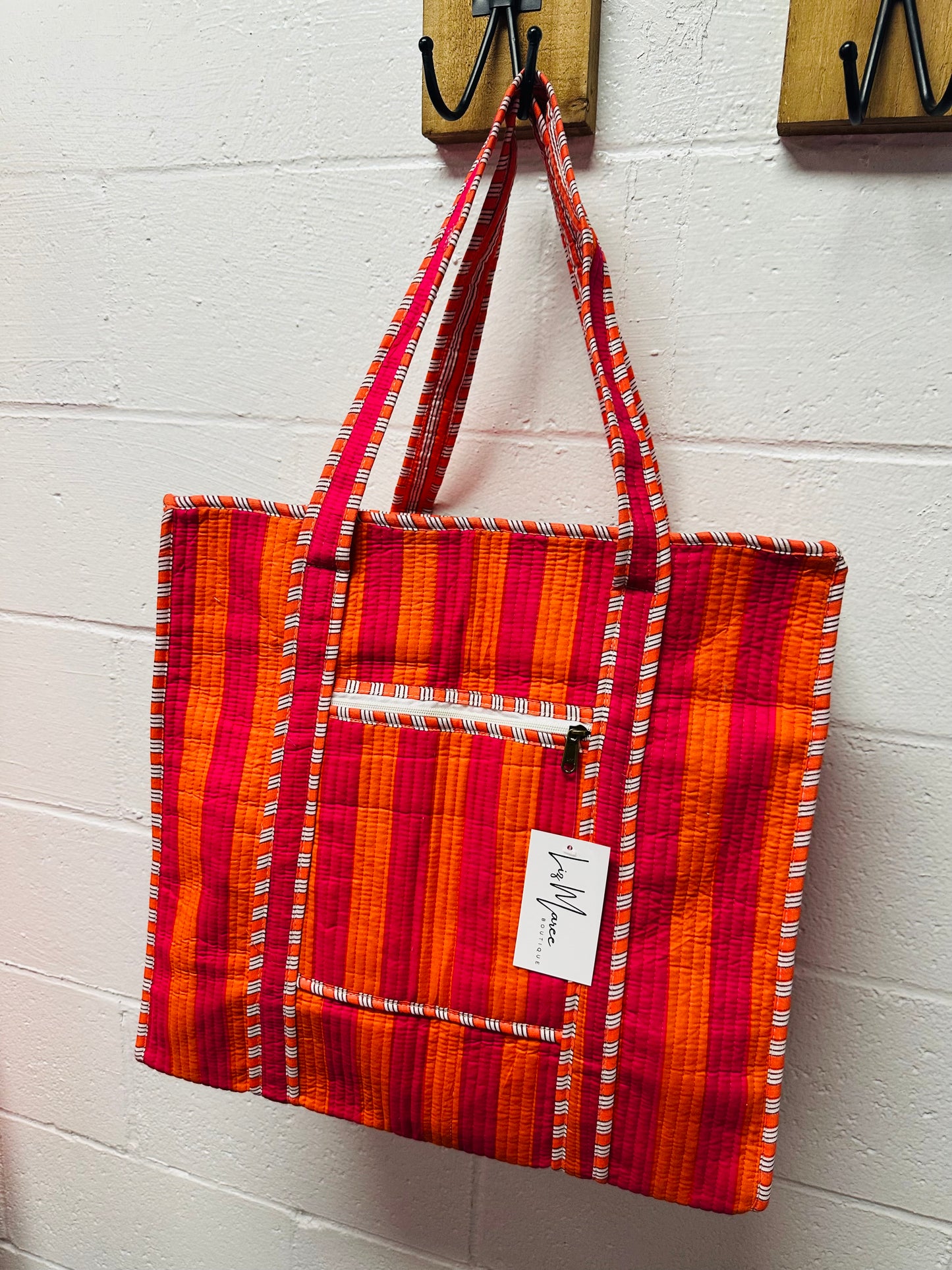 The Pink + Orange Striped Quilted Tote Bag
