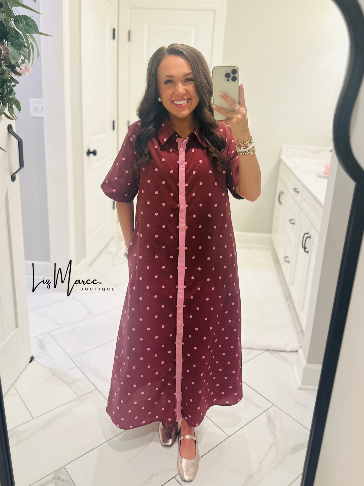 The Ruth Burgundy + Pink Polka Dot Midi Dress