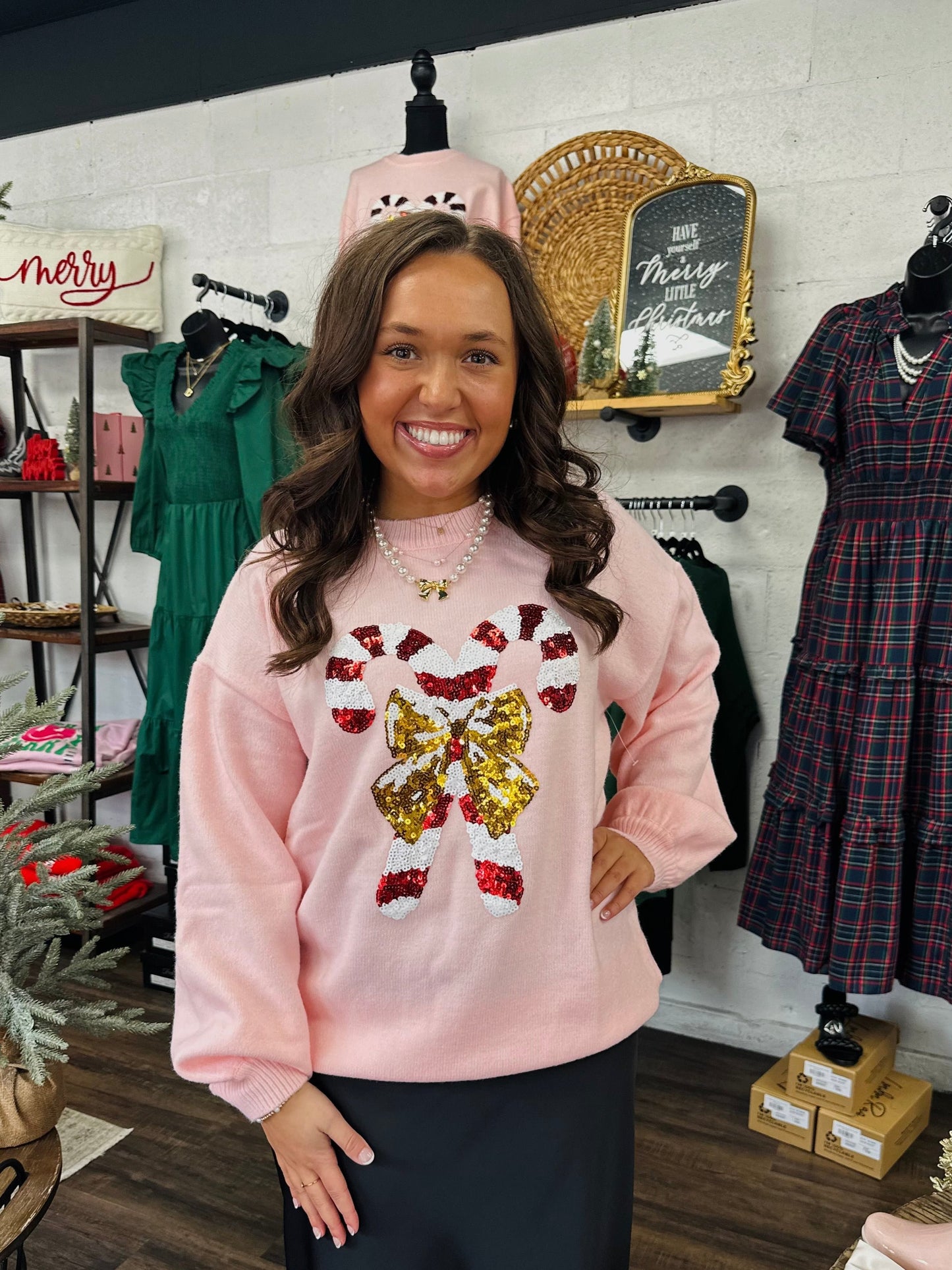 Candy Cane Embroidered Sequin Sweater