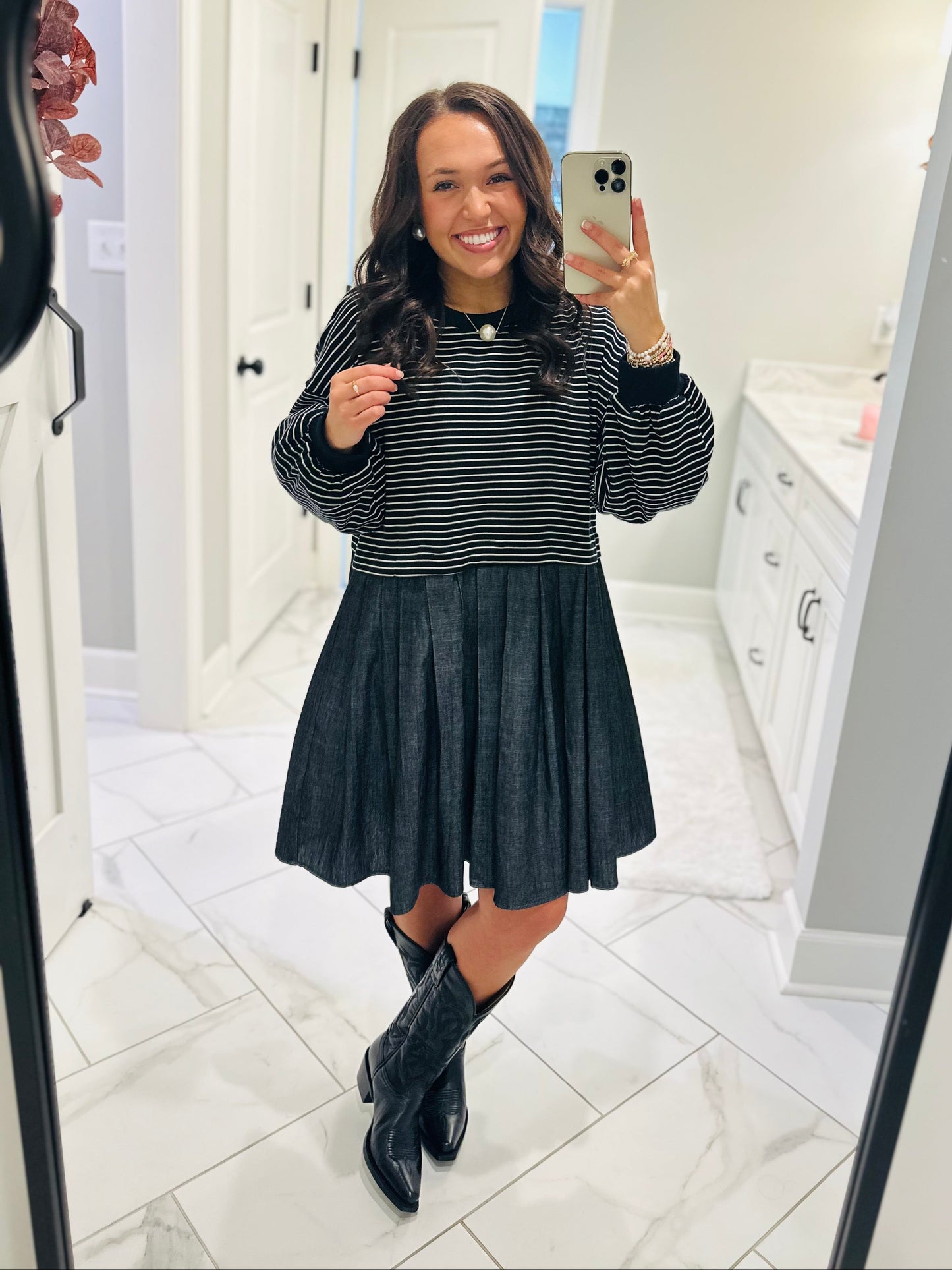 The Ella Long Sleeve Pleated Dress - Black / Denim