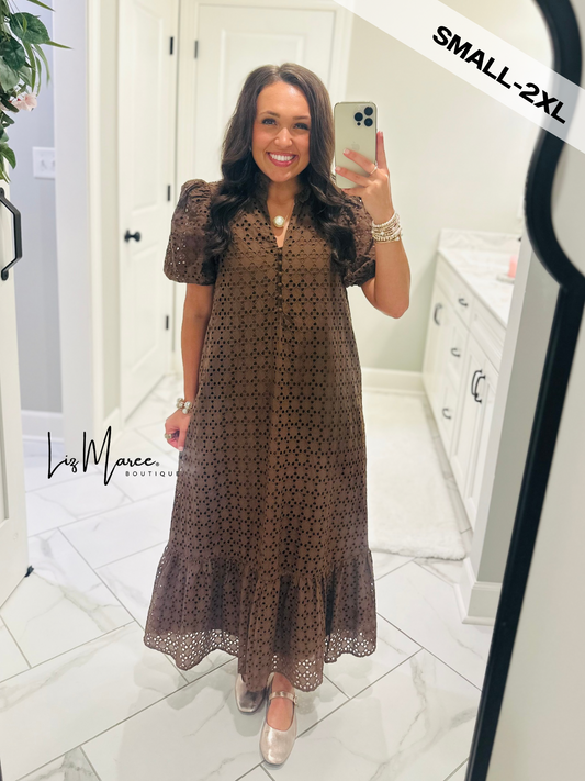The Liz Brown Eyelet Midi Dress