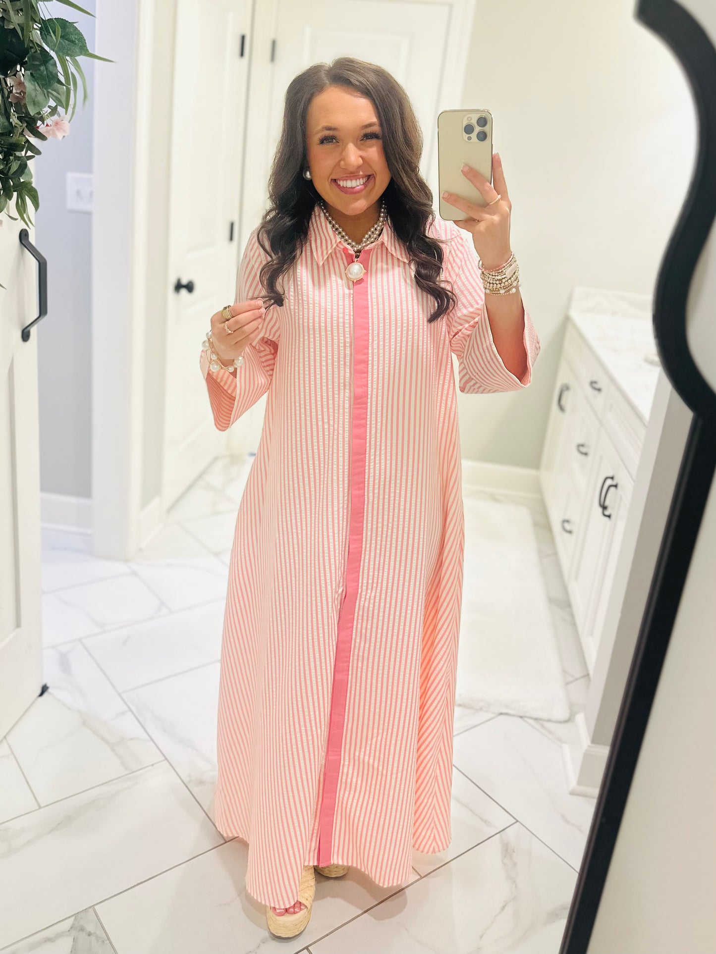 The Nora Pink Striped Midi Dress