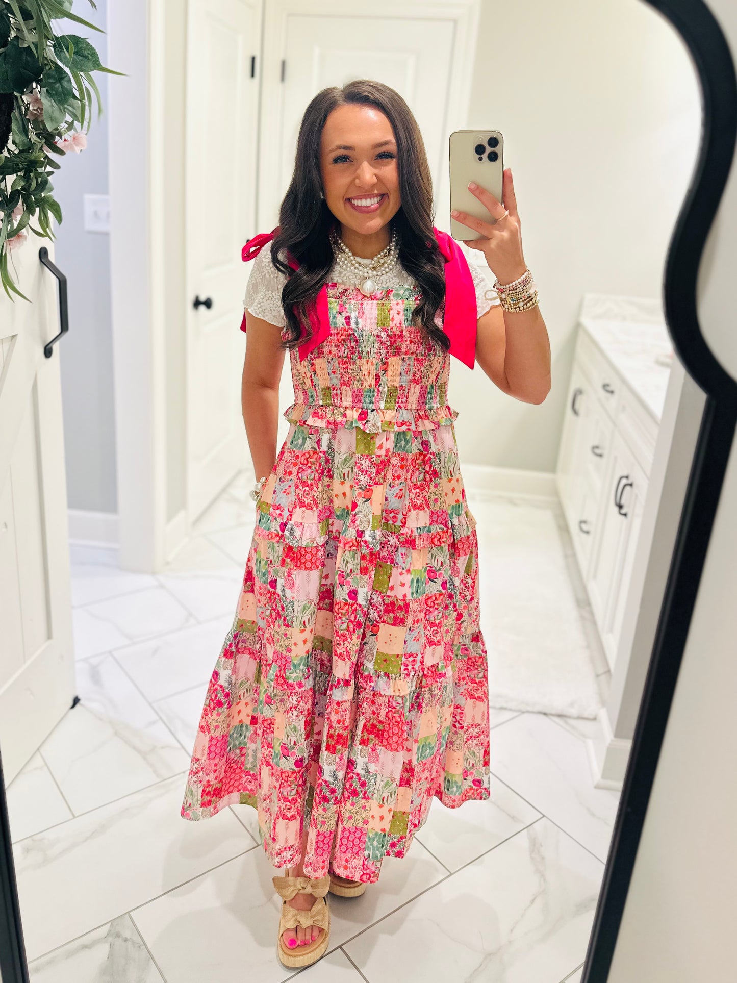The Lillie Pink Multicolor Patchwork Midi Dress