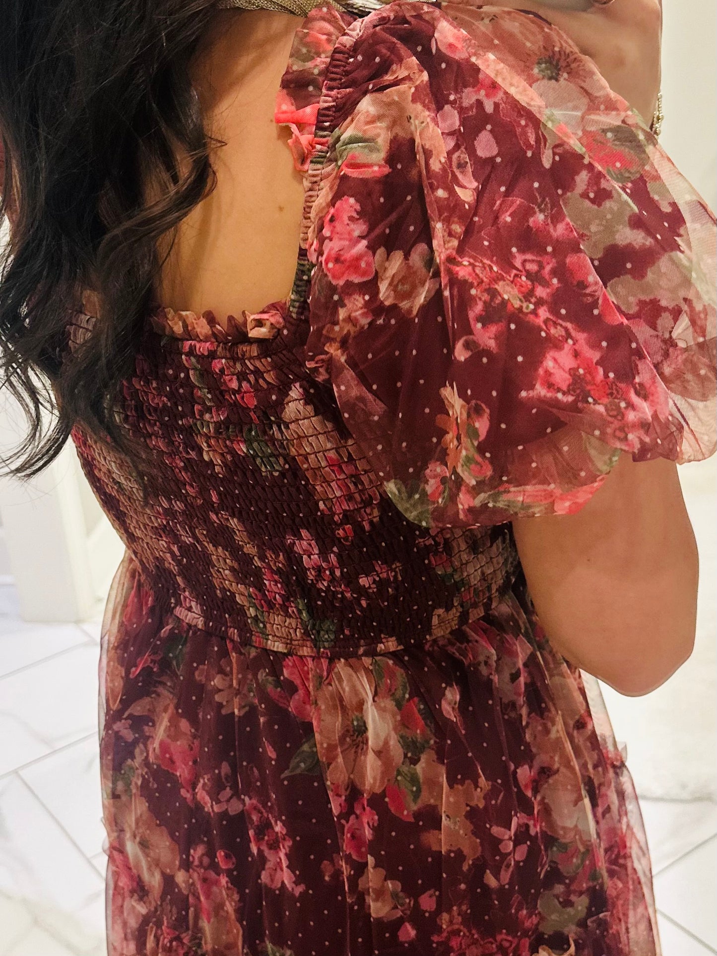 The Halston Burgundy Floral Polka Dot Midi Dress