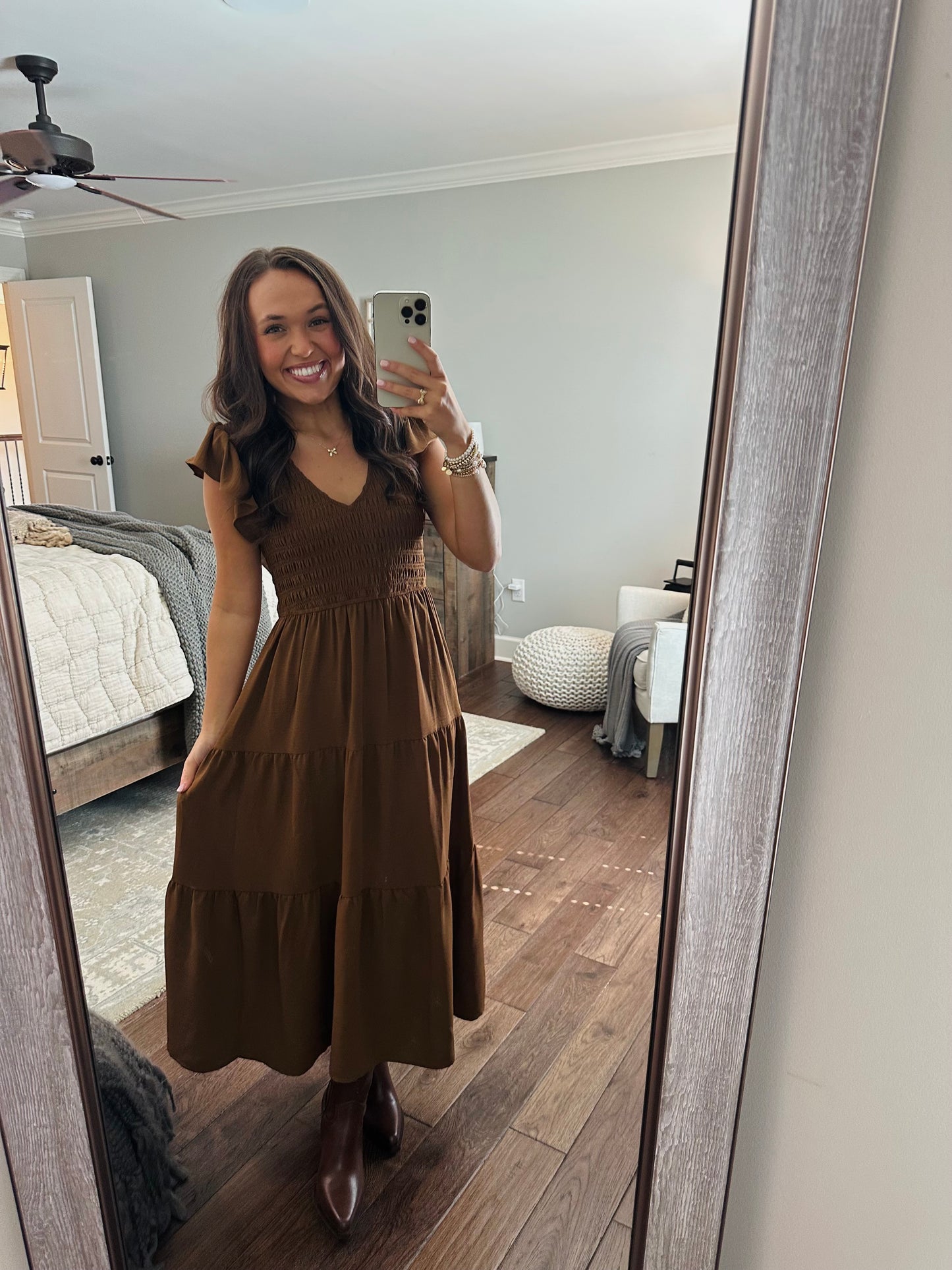 The Maple Copper Brown Flutter Sleeve Smocked Midi Dress
