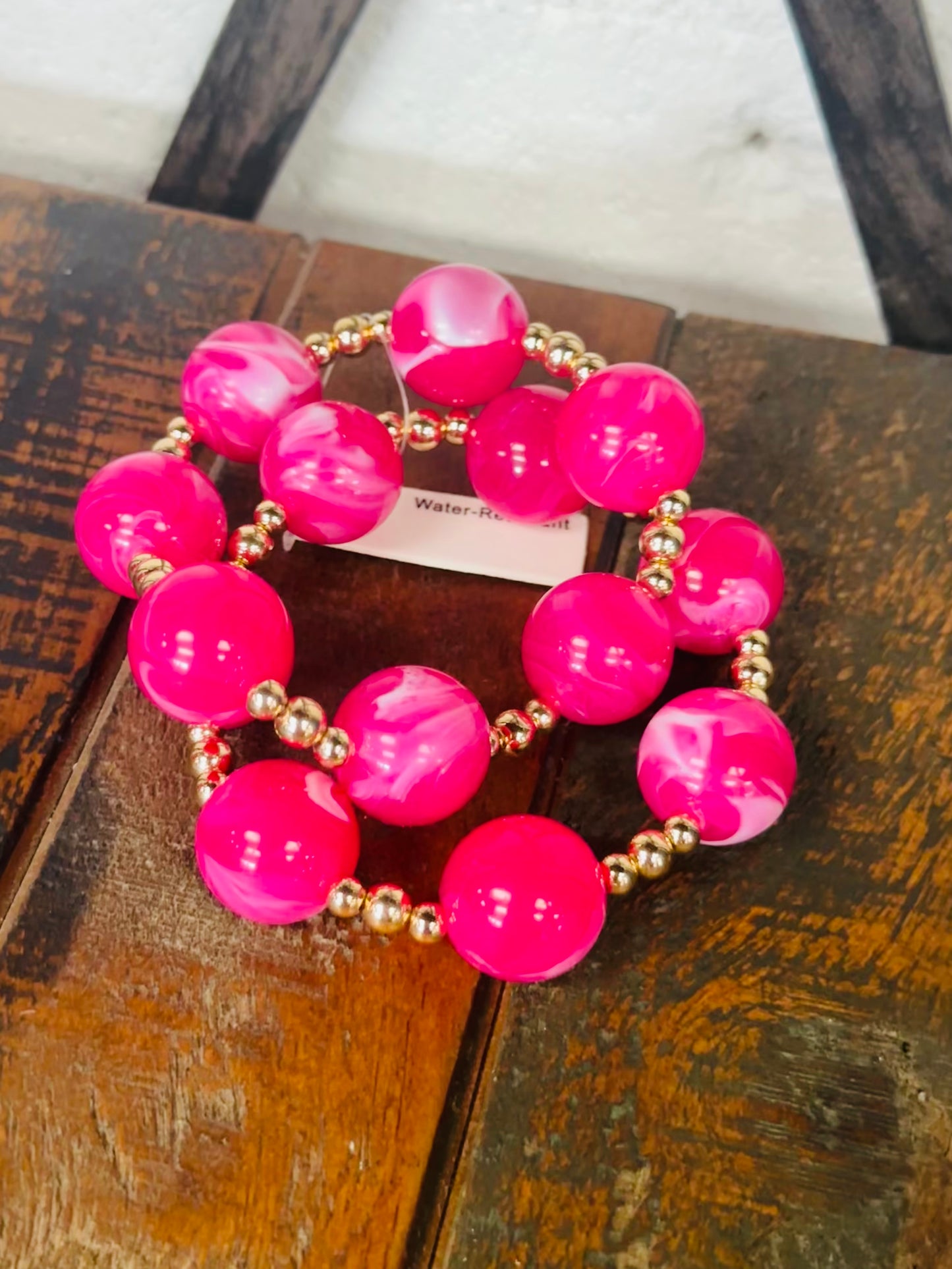 Fuchsia + Gold Marble Ball Bracelet Set