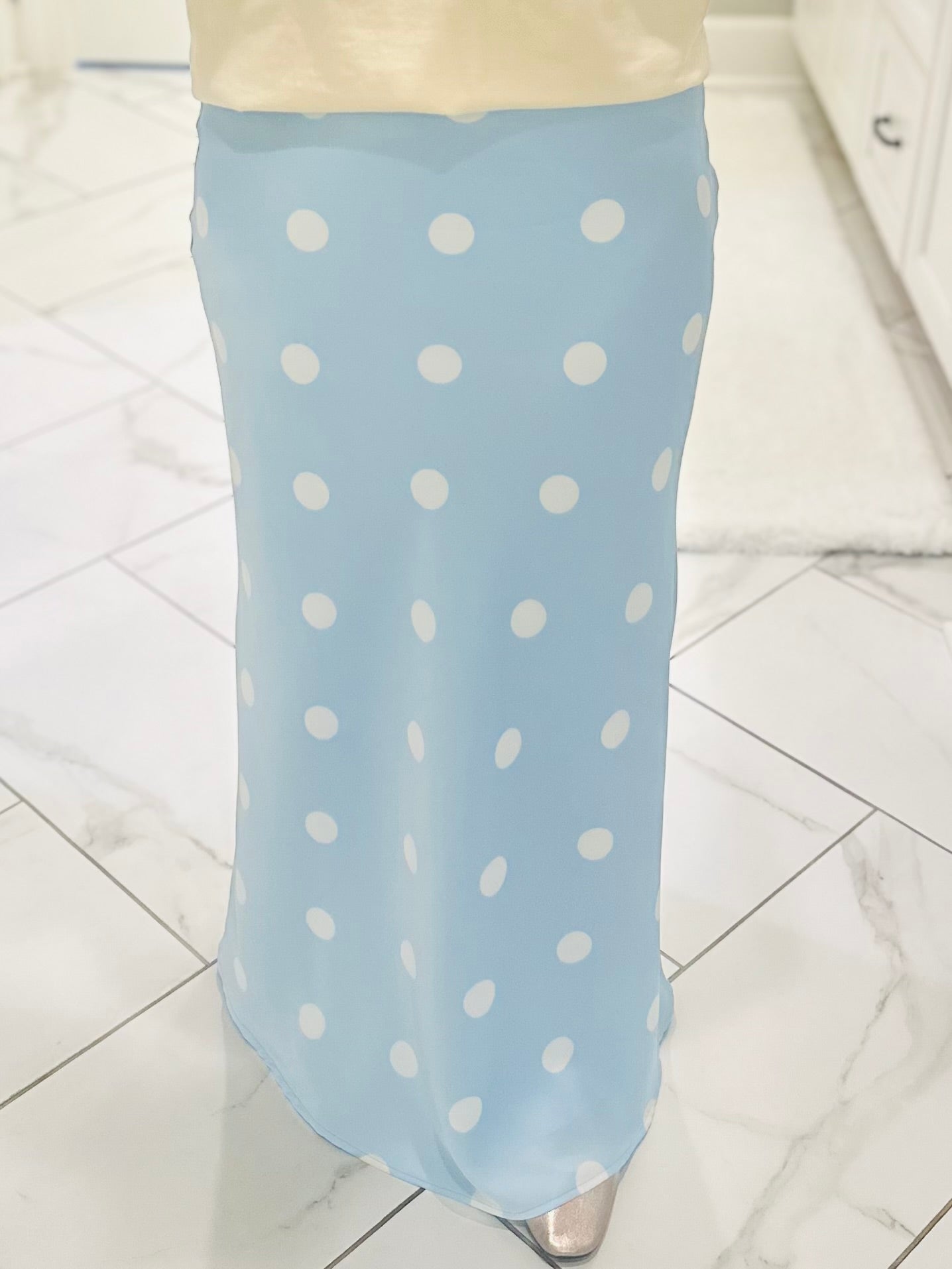 The Lt. Blue Polka Dot Satin Maxi Skirt
