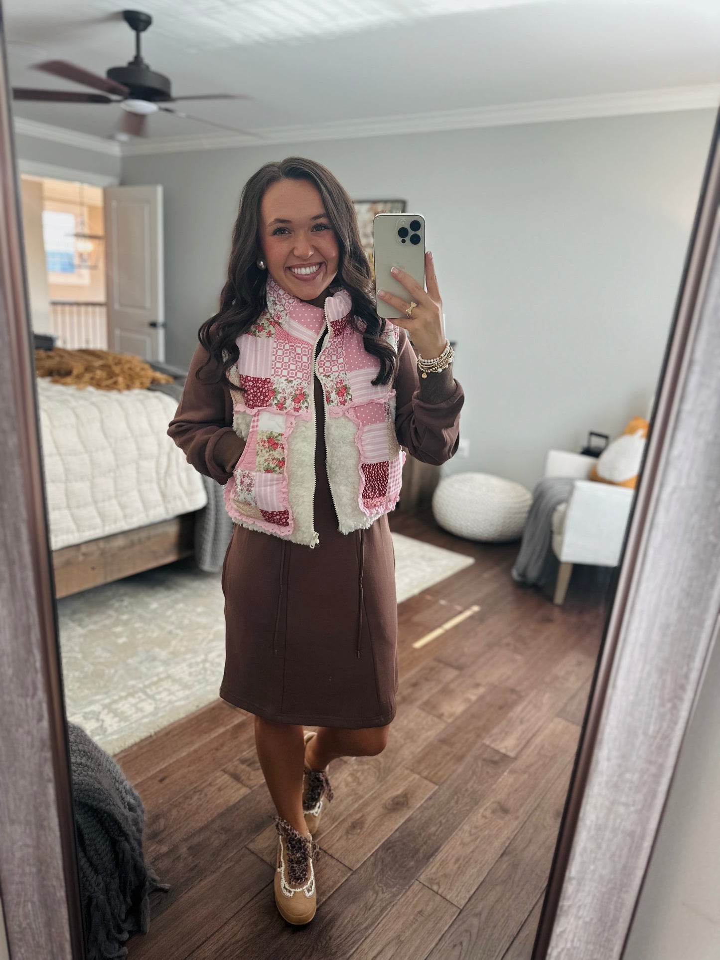 The Winnie Pink Patchwork Ruffle Sherpa Vest