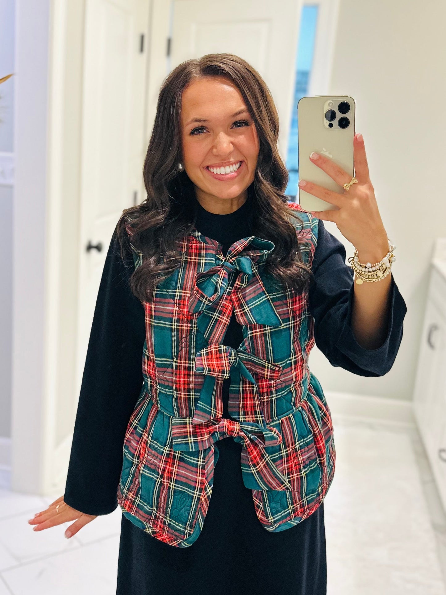The Charity Green Plaid Quilted Bow Vest