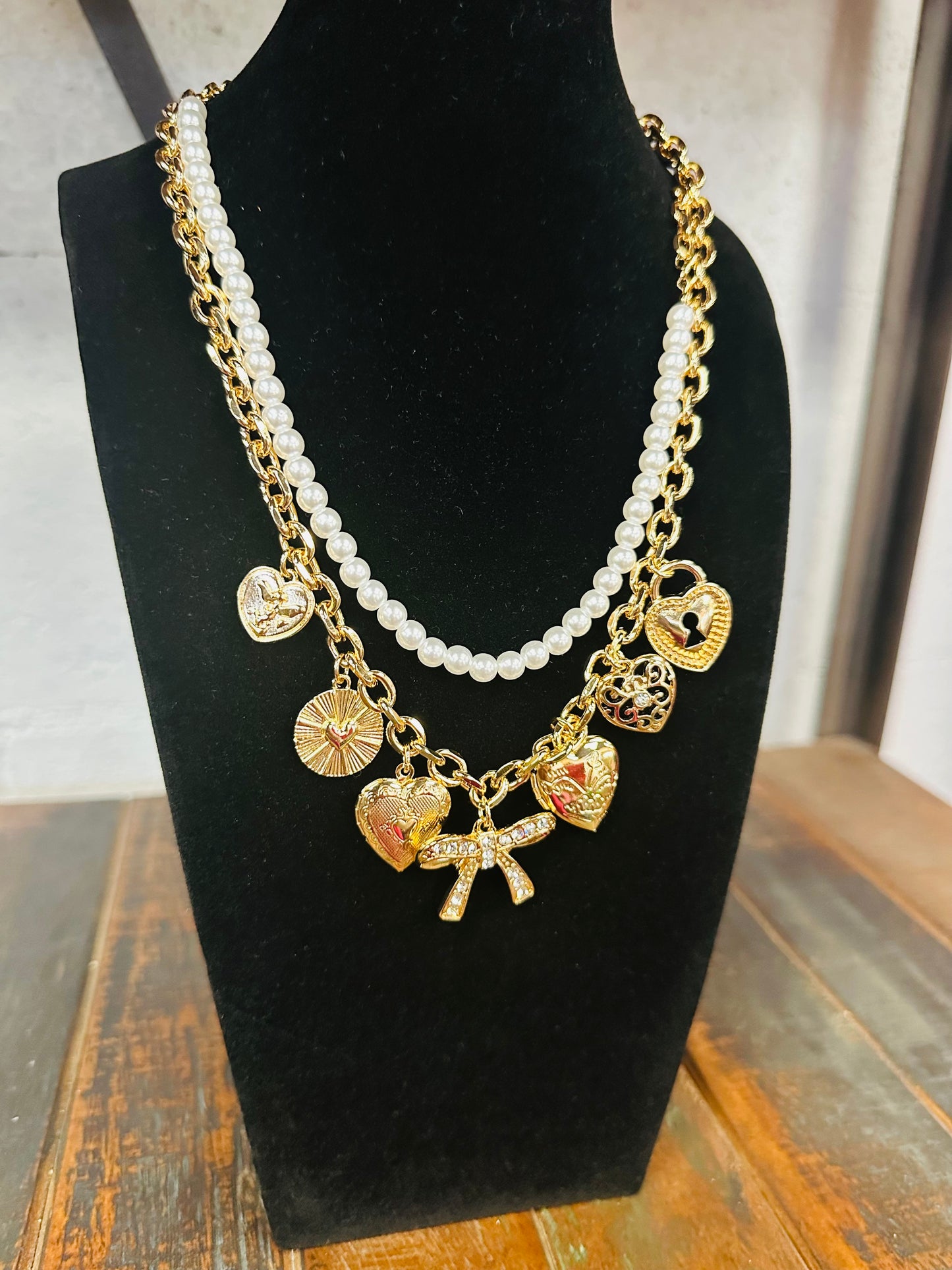 Pearl & Bow Gold Charm Necklace
