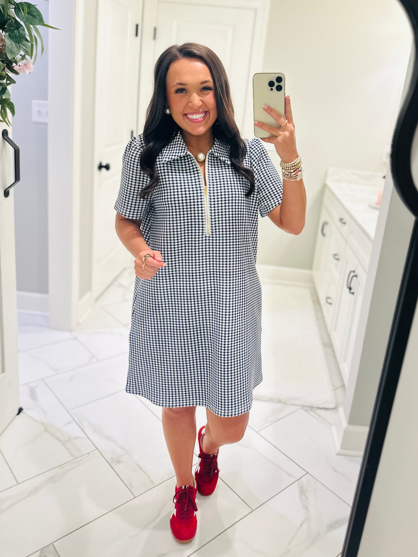 The Lee Navy Gingham Quarter Zip Dress