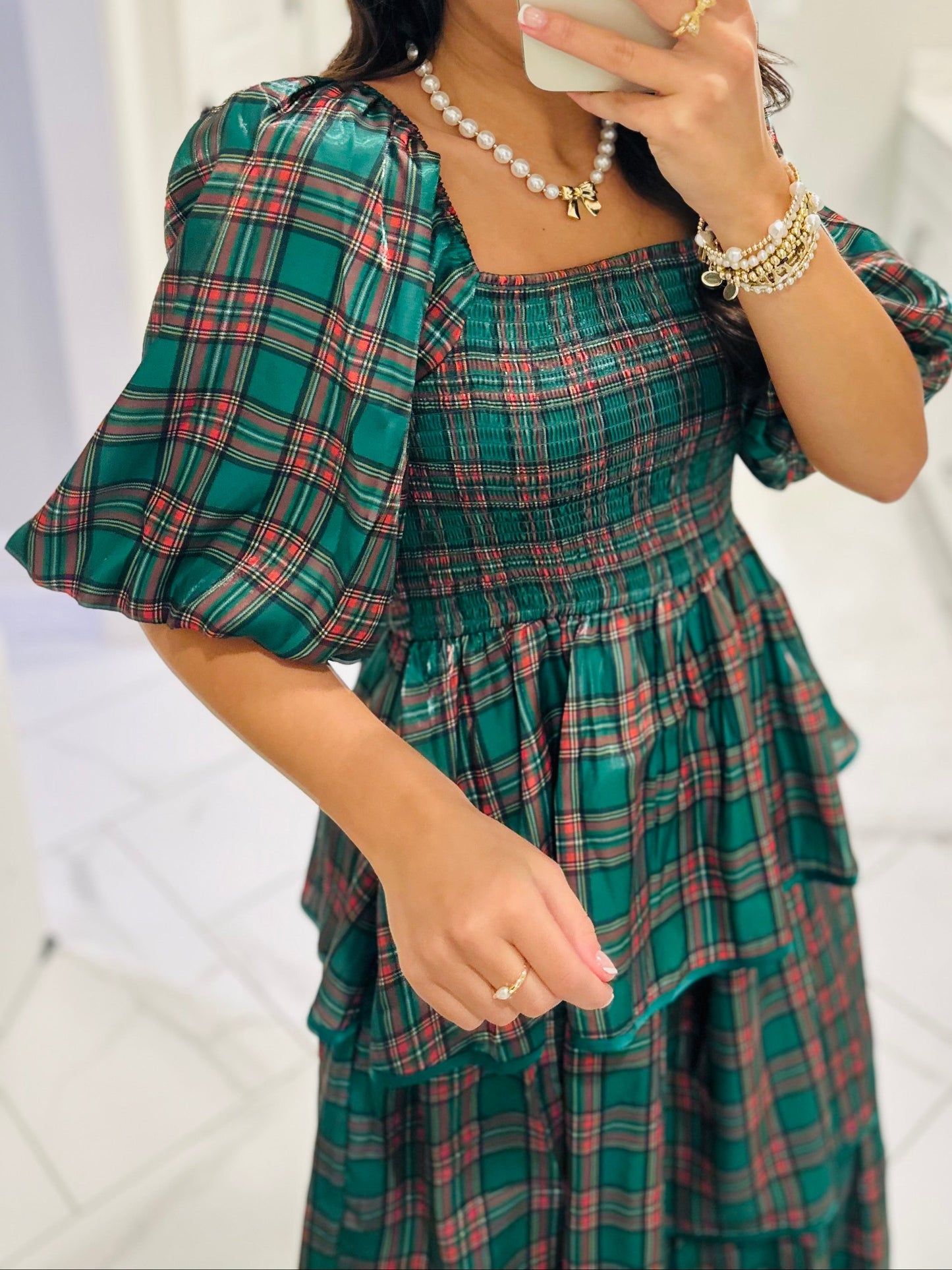 The Holly Green Christmas Plaid Tiered Midi Dress