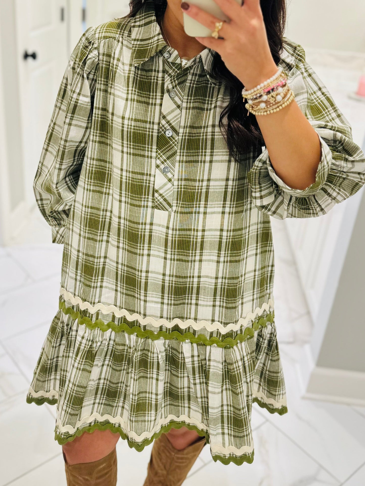 The Gale Olive Green Plaid Dress