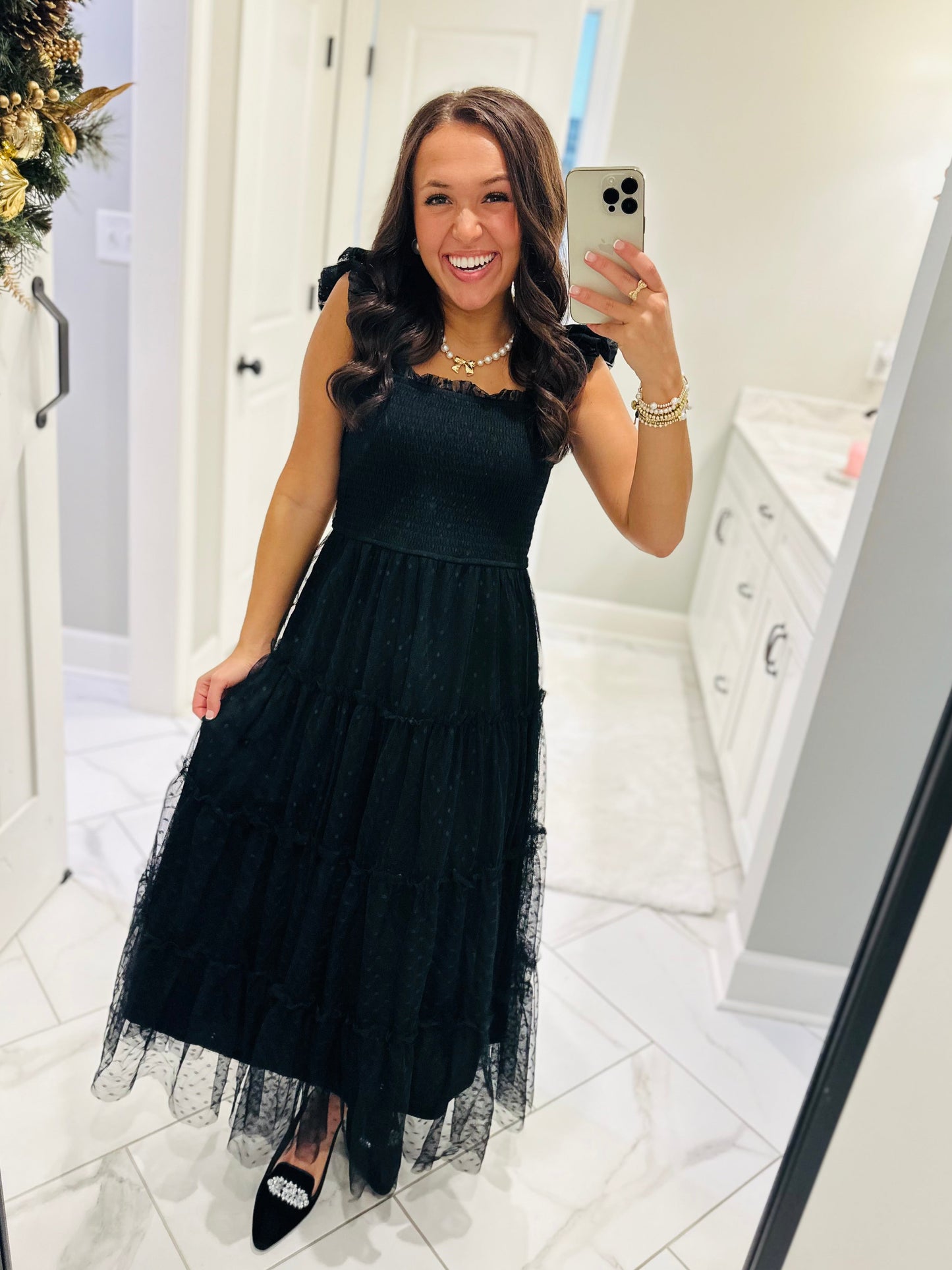 The Noelle Black Polka Dot Chiffon Smocked Midi Dress