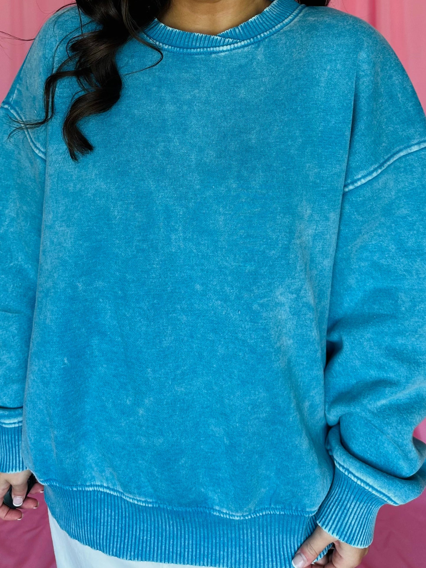 Deep Sky Blue Acid Wash Oversized Pullover