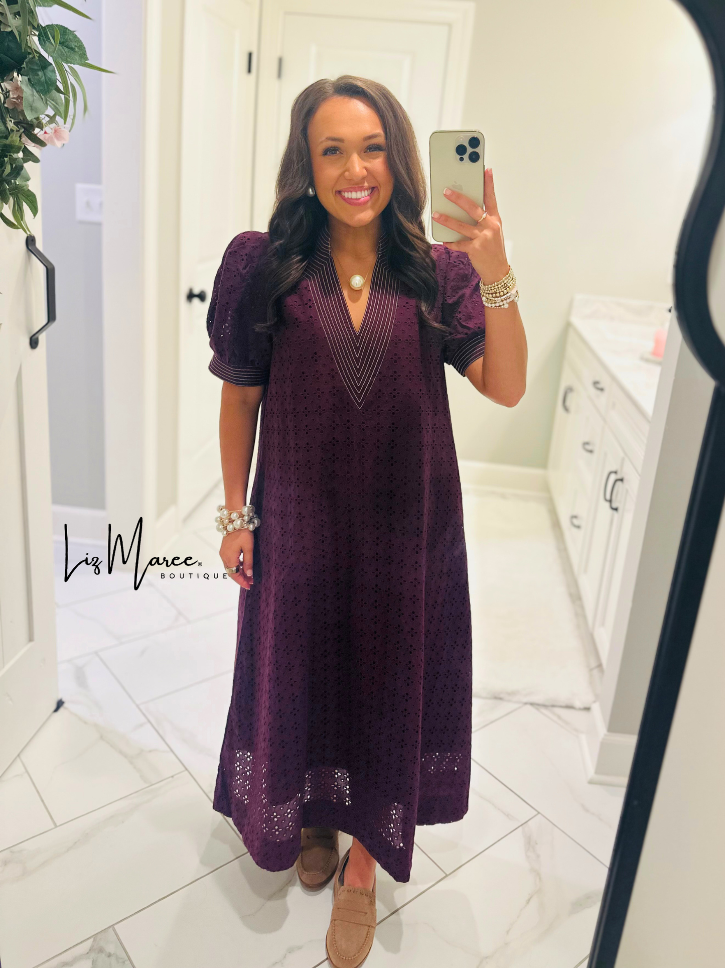 The Adley Merlot Eyelet Midi Dress