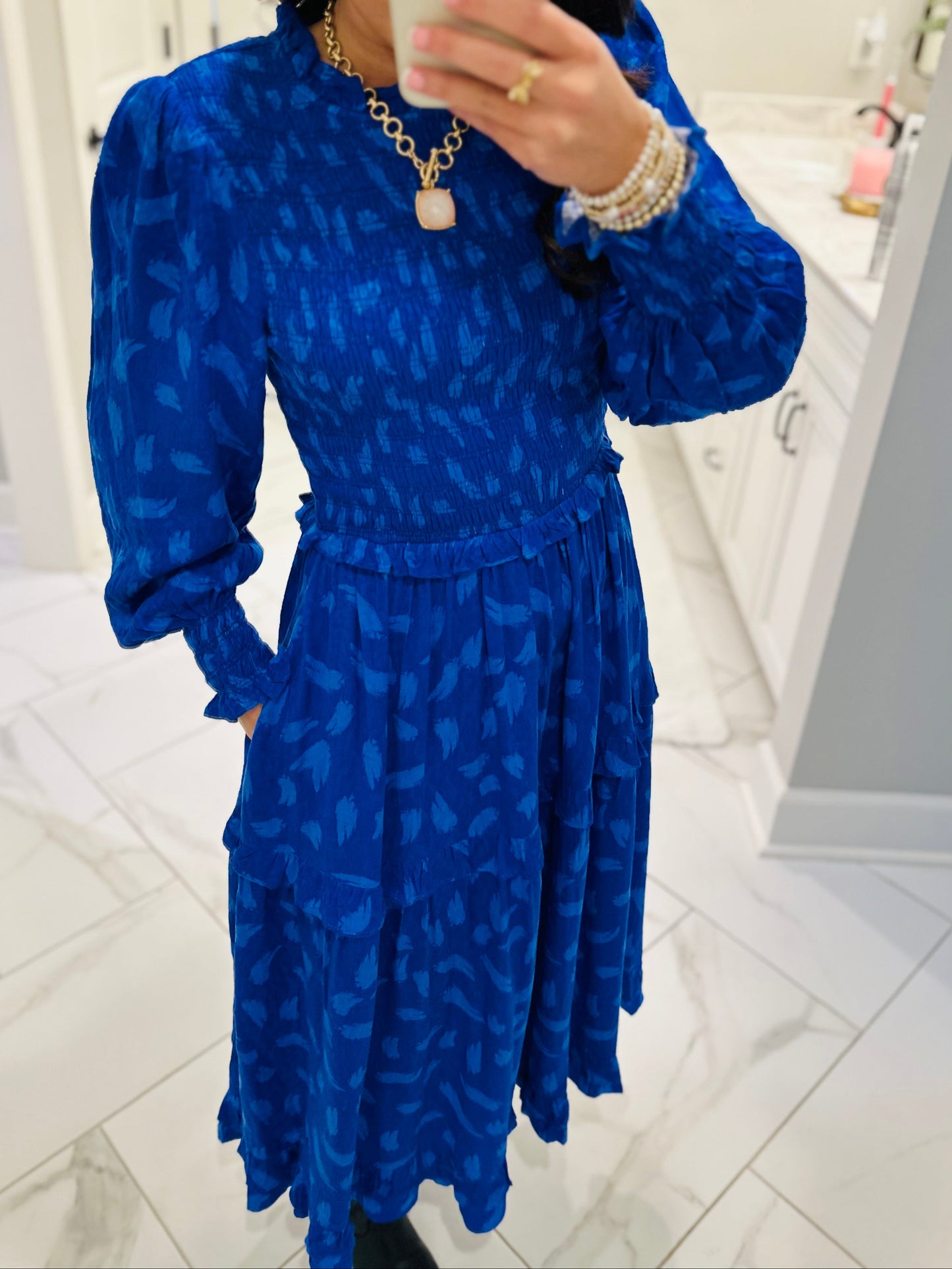 The Darya Cobalt Blue Smocked Midi Dress