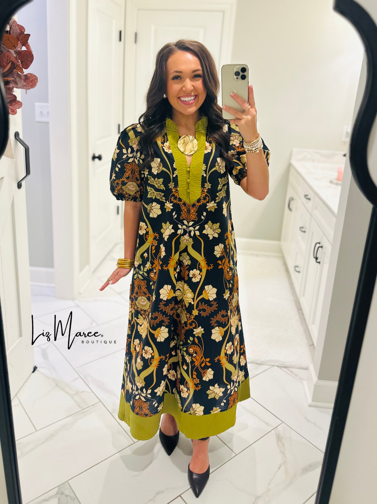 The Francesca Black + Olive Green Floral Midi Dress