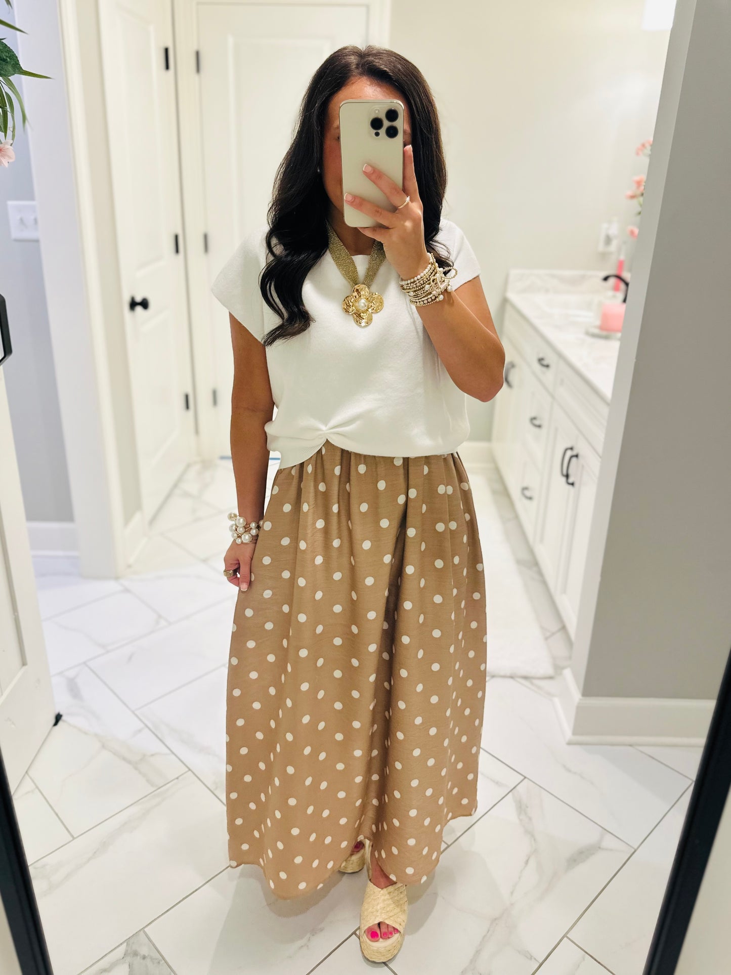 The Lennon Cream Tan Layered Polka Dot Midi Dress