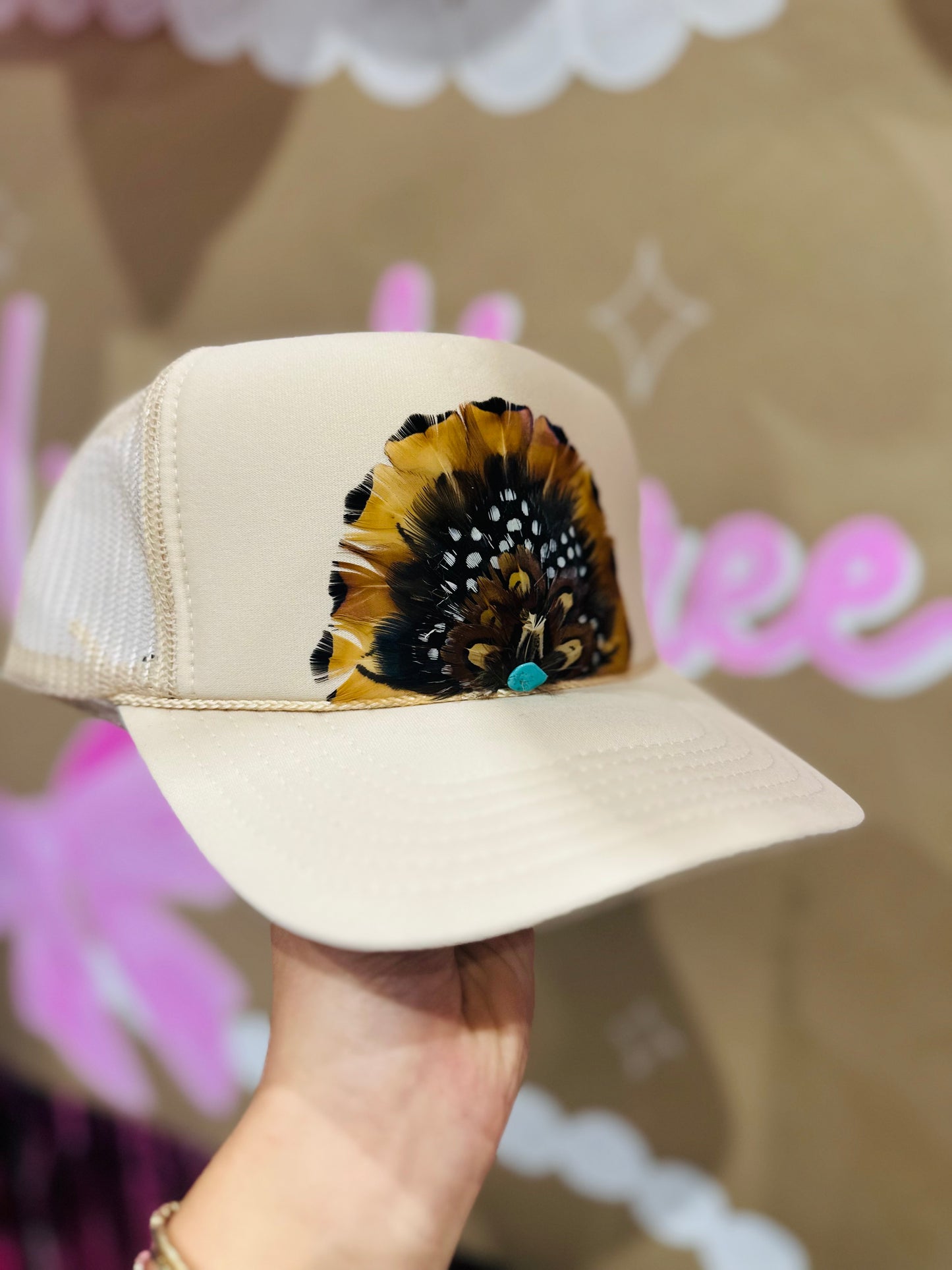 Tan Feather + Turquoise Stone Trucker Hat