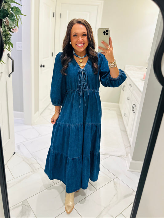 The Abigail Denim Bow Midi Dress