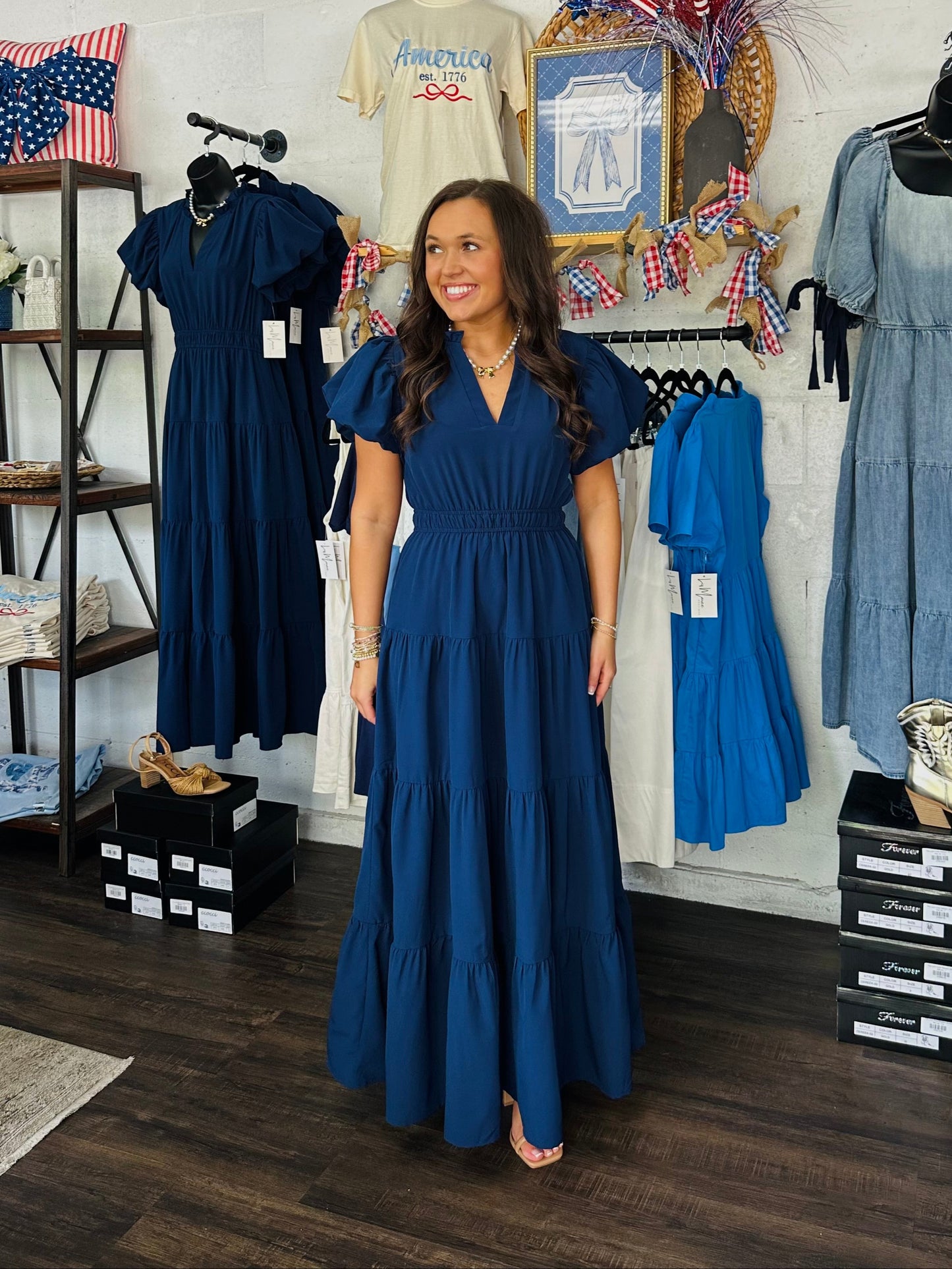 The Elizabeth Navy Puff Sleeve Midi Dress