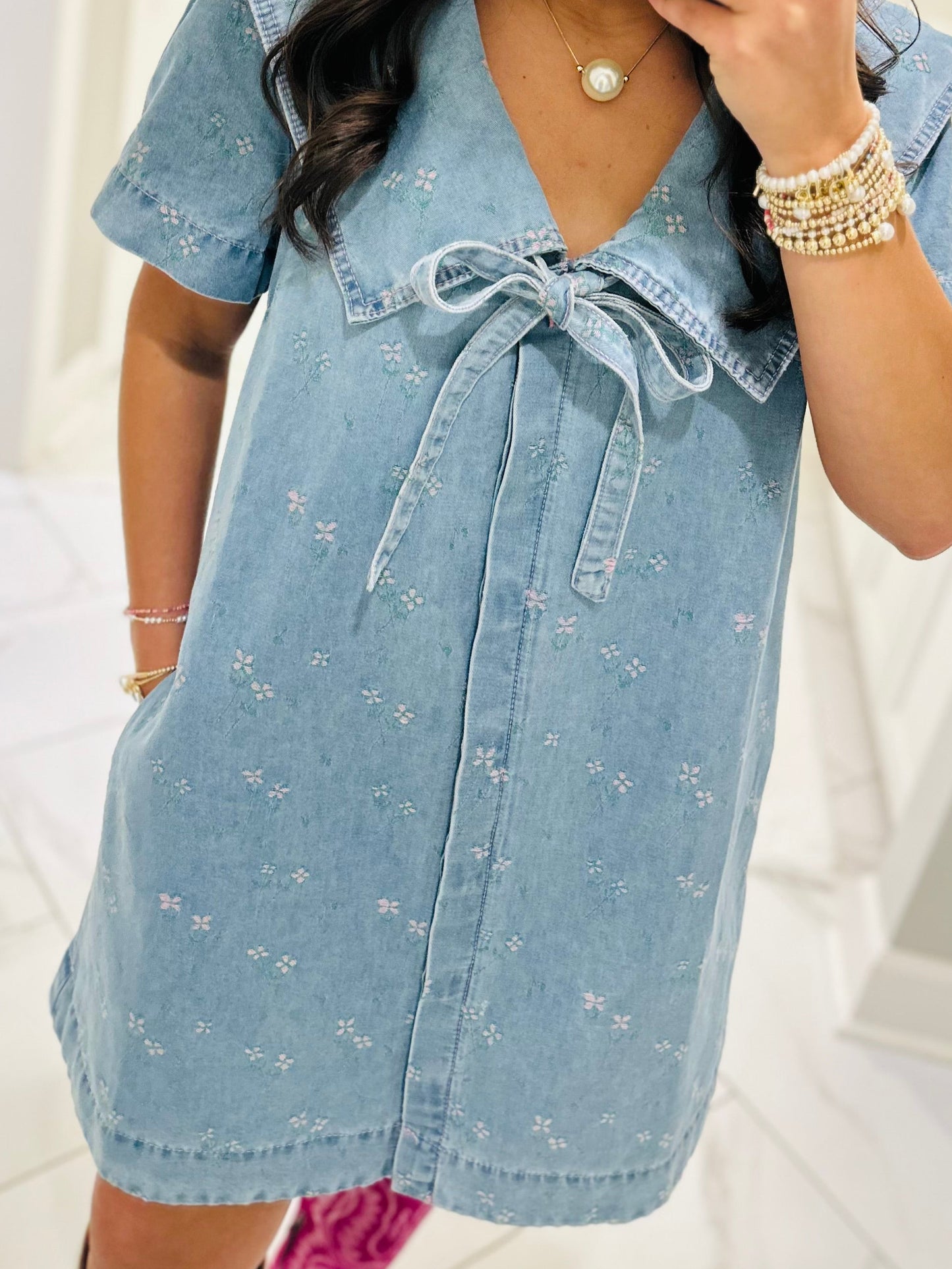 The Noa Collared Floral Denim Dress