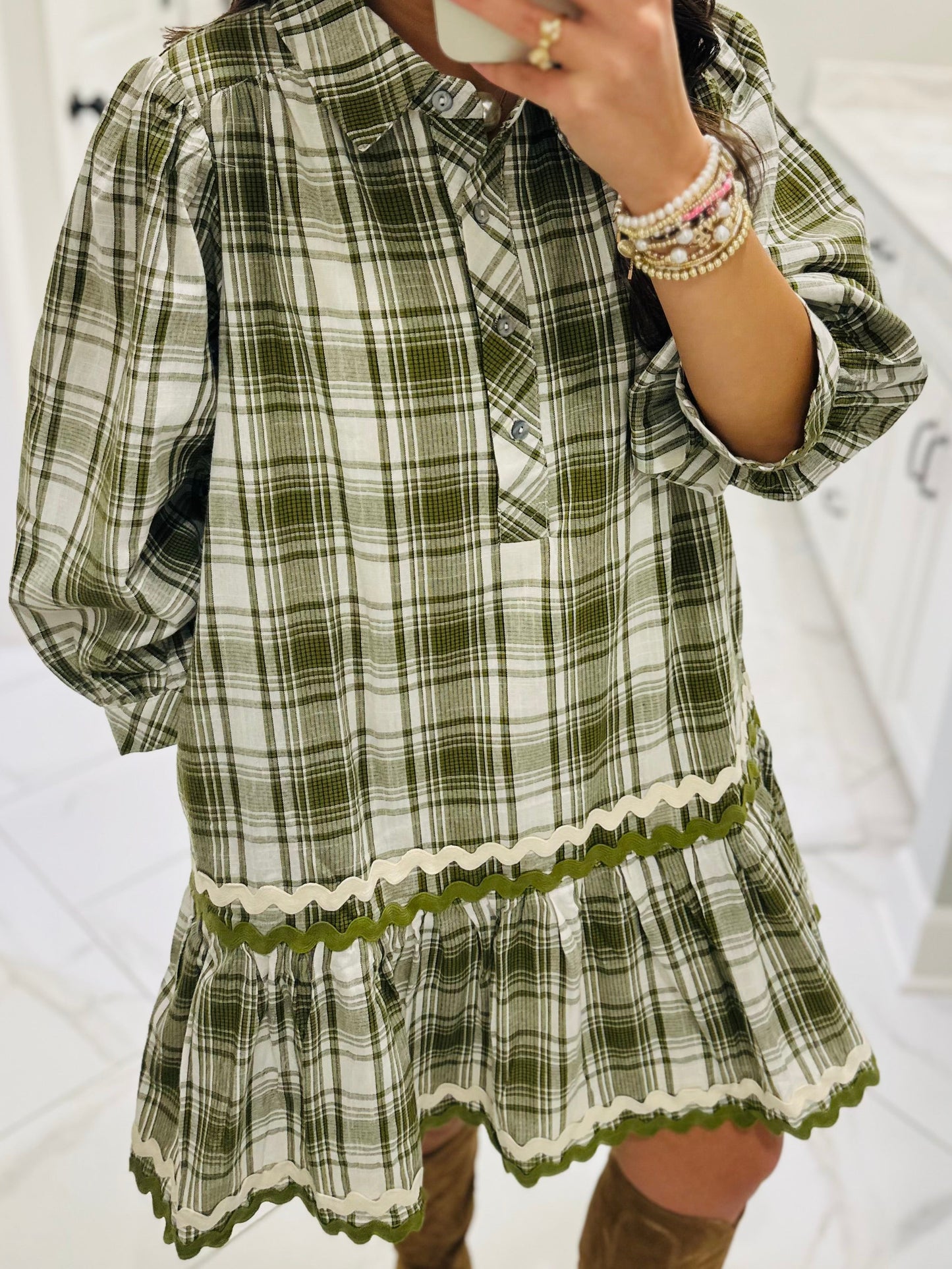 The Gale Olive Green Plaid Dress